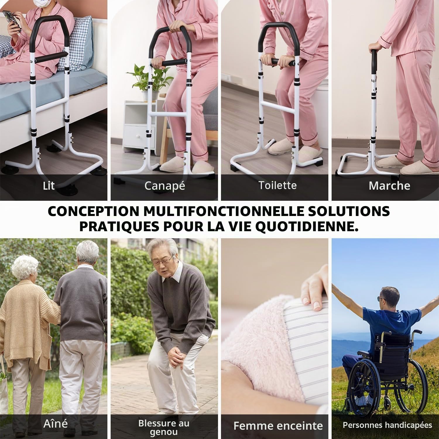 Aide au redressement pour Personnes âgées, Aide à la mobilité | avec pieds antidérapants, aide à la mobilité, aide au sol en forme de U, aide à la marche réglable en hauteur sur 8 niveaux