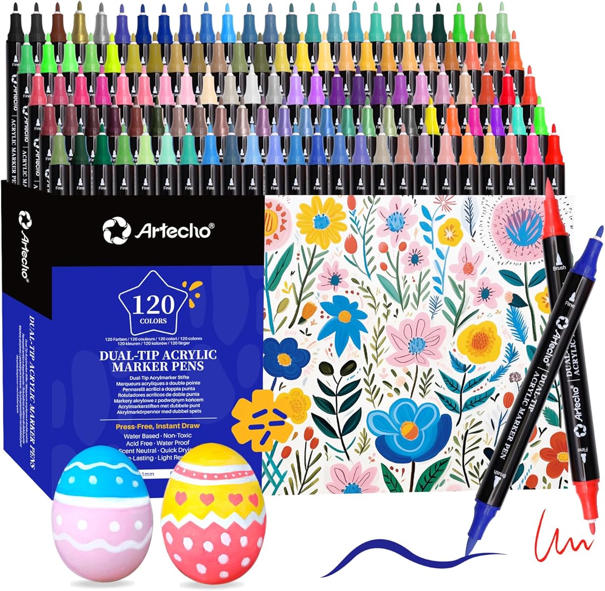 Artecho Dual-Tip Acrylic Paint Pen 120 Colors-Fine Tip and Brush Tip