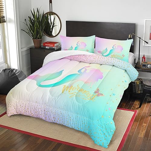 Miniatura 2 de AILONEN Juego de edredón de sirena tamaño individual, juego de edredón de sirena, decoración para dormitorio de niños y niñas, 3 piezas, 1 edredón y