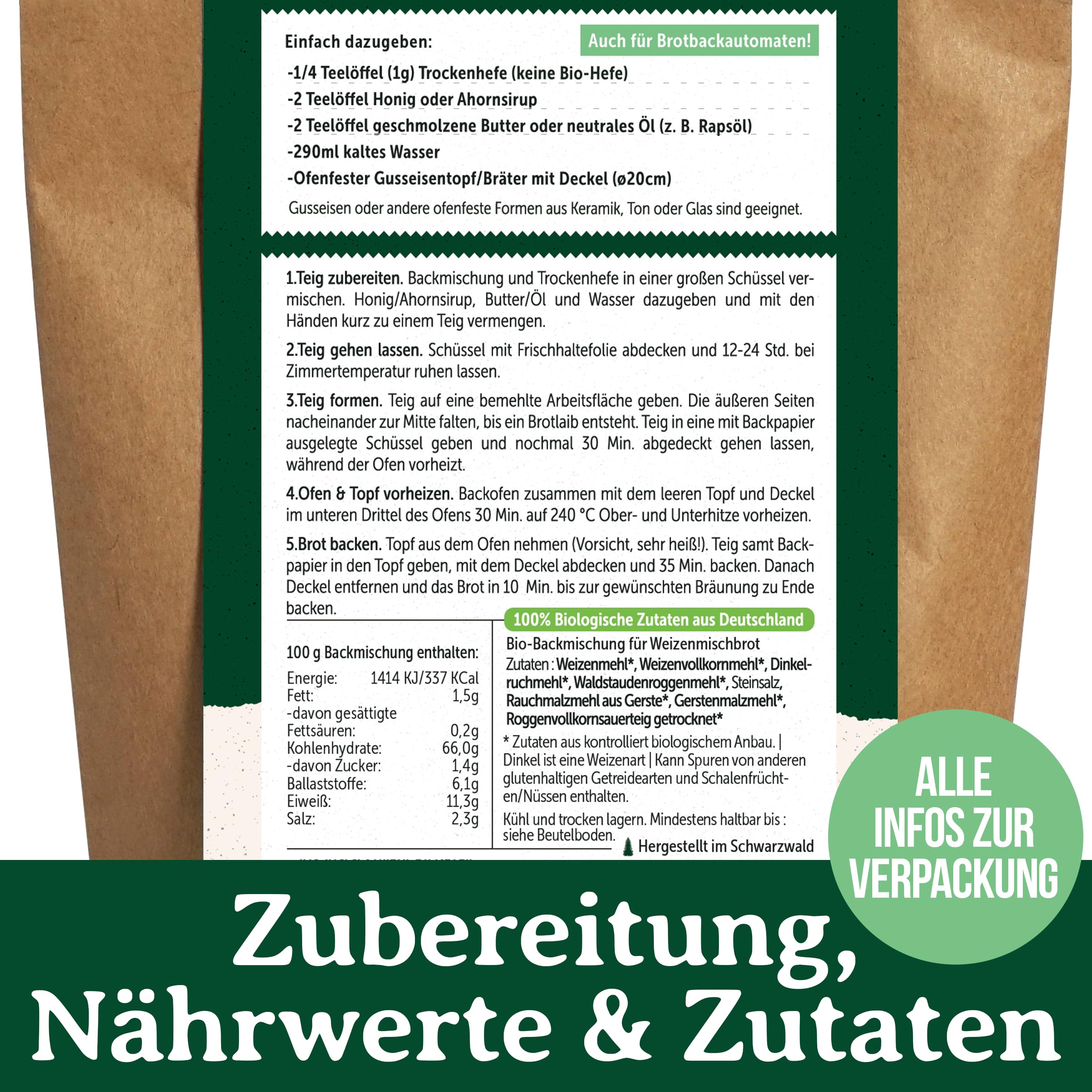 Bio Brotbackmischung Schwarzwald Kruste – mit Dinkelruchmehl & Waldstaudenroggen – rustikales Brot mit Holzofen-Geschmack – für Brotbackautomat & Ofen – Bake with Love - 10er Pack