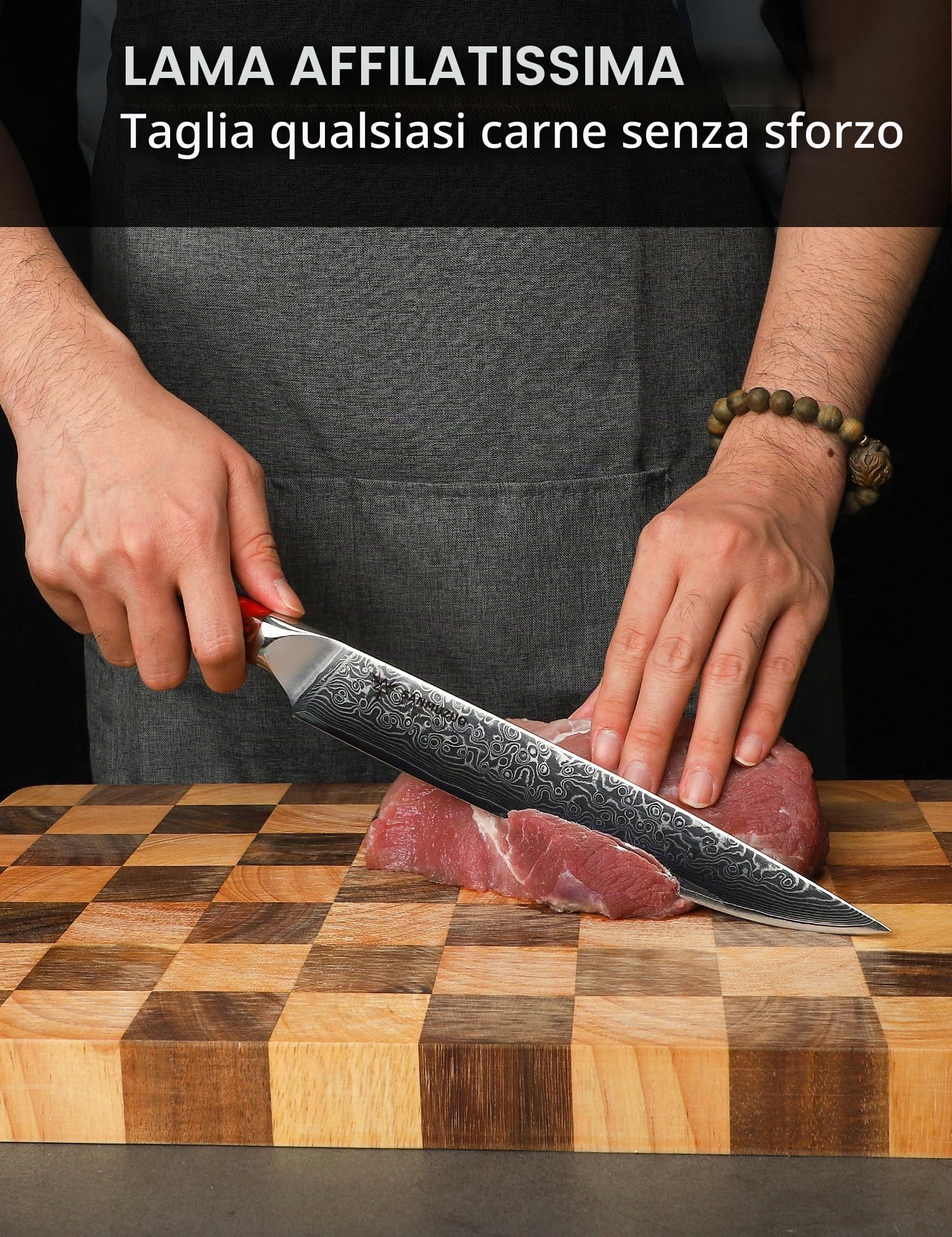 Coltello per Affettare Carne Coltelli da Intaglio 23cm Coltello da Carne Professionale Acciaio Damasco Coltello da Cucina Impugnatura Resina - Xuan Series(Rosso Tramonto)