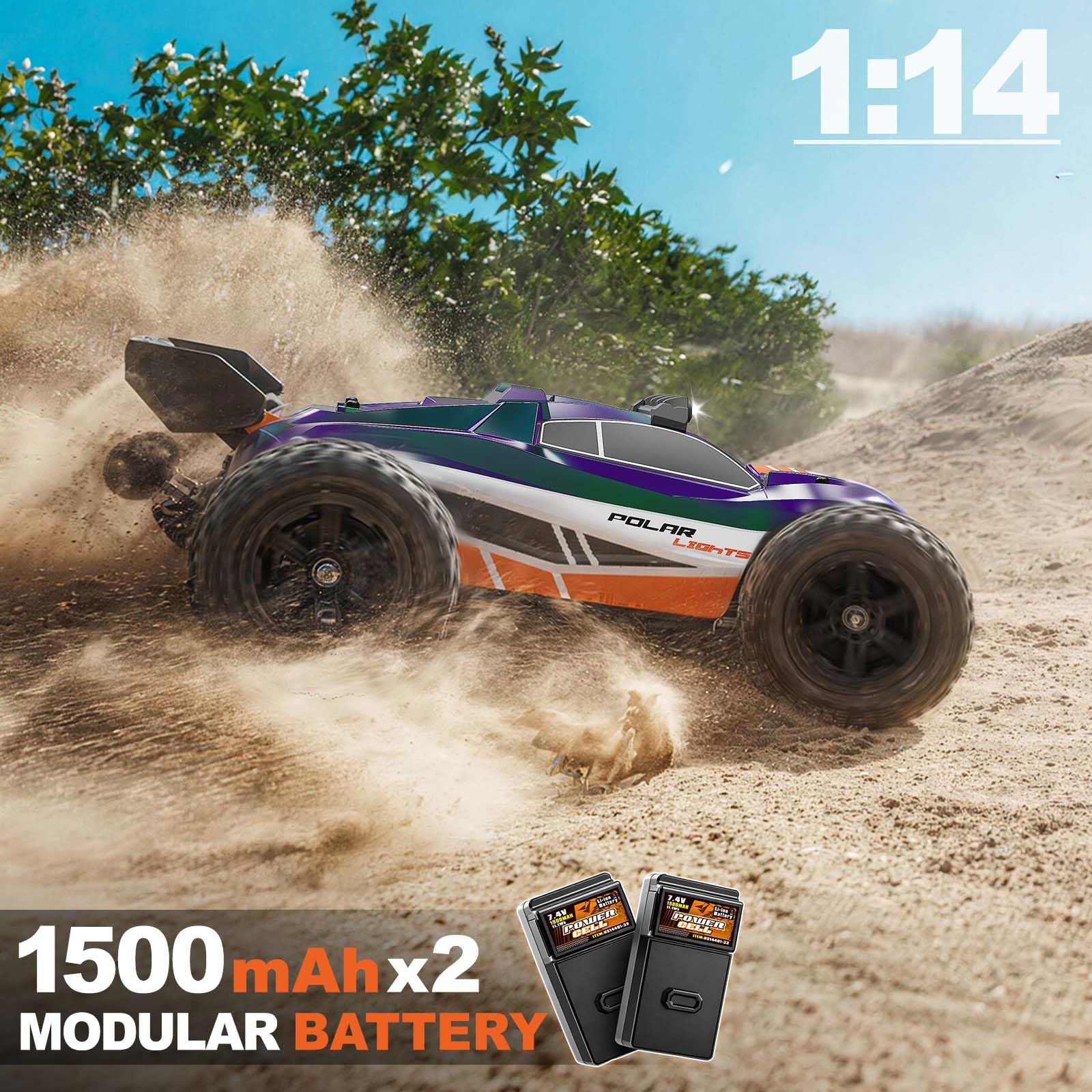 Coche Teledirigido Adultos 1:14 Brushless Coche RC/RC Car 4WD 52 km/h, Amortiguadores Hidráulicos, Transmisión Metálica, 2 Baterías 1500mAh, 2 Juegos de Neumáticos, LED, Upgrade 3S hasta 70 km/h