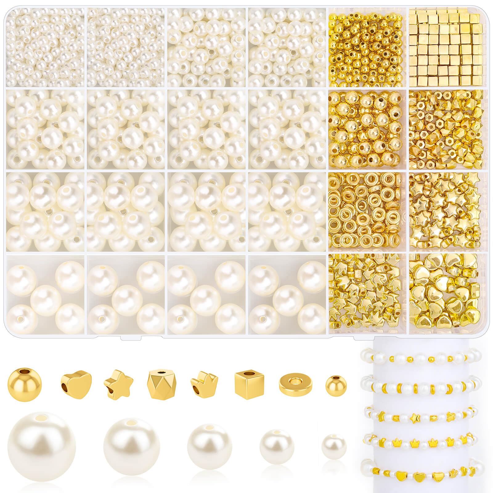 1290 Piece Pearl and Gold Spacer Beads for Bracelet Making, Assorted Gold and Pearl Beads for Jewelry Making Kit