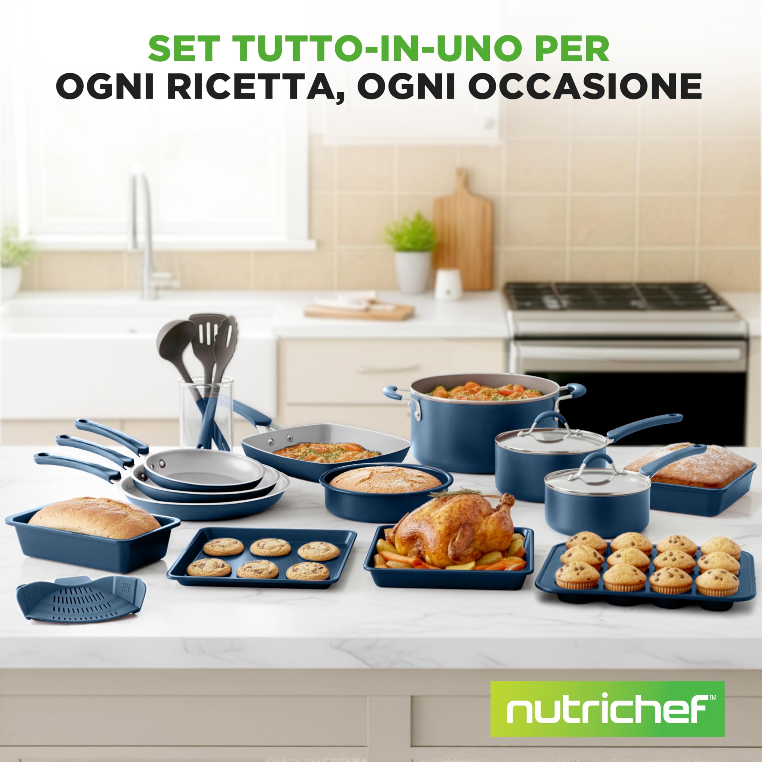 NutriChef Set di Pentole e Padelle Antiaderenti 20 Pezzi, Padella Antiaderente, Manici a Prova di Calore, Adatto per Fornelli a Gas, Elettrici e a Induzione, Facile da Pulire, Blu Marino