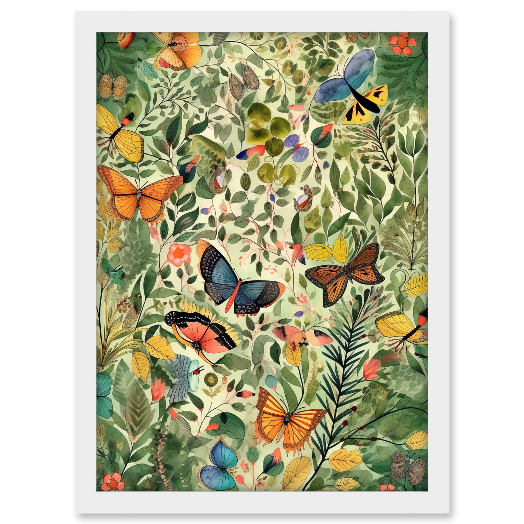Artery8 Butterflies Flying in Spring Field Modern Folk Art Artwork Framed A3 Wall Art Print