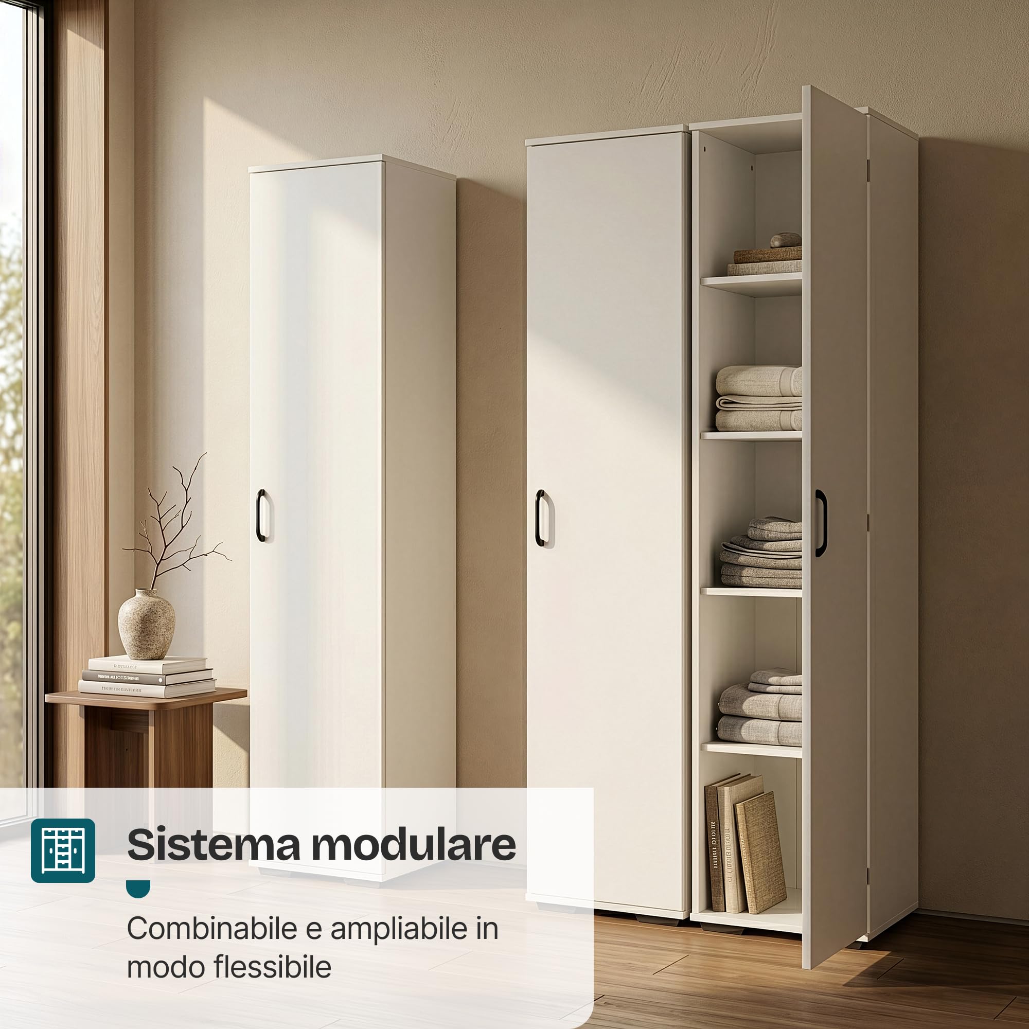 [en.casa] Armadio Multifunzionale con Anta Bianco 175x37x35 cm | Mobile Alto Contenitore 5 Ripiani Scomparti Bagno Cucina Lavanderia Camera da Letto Asciugamani Alimenti