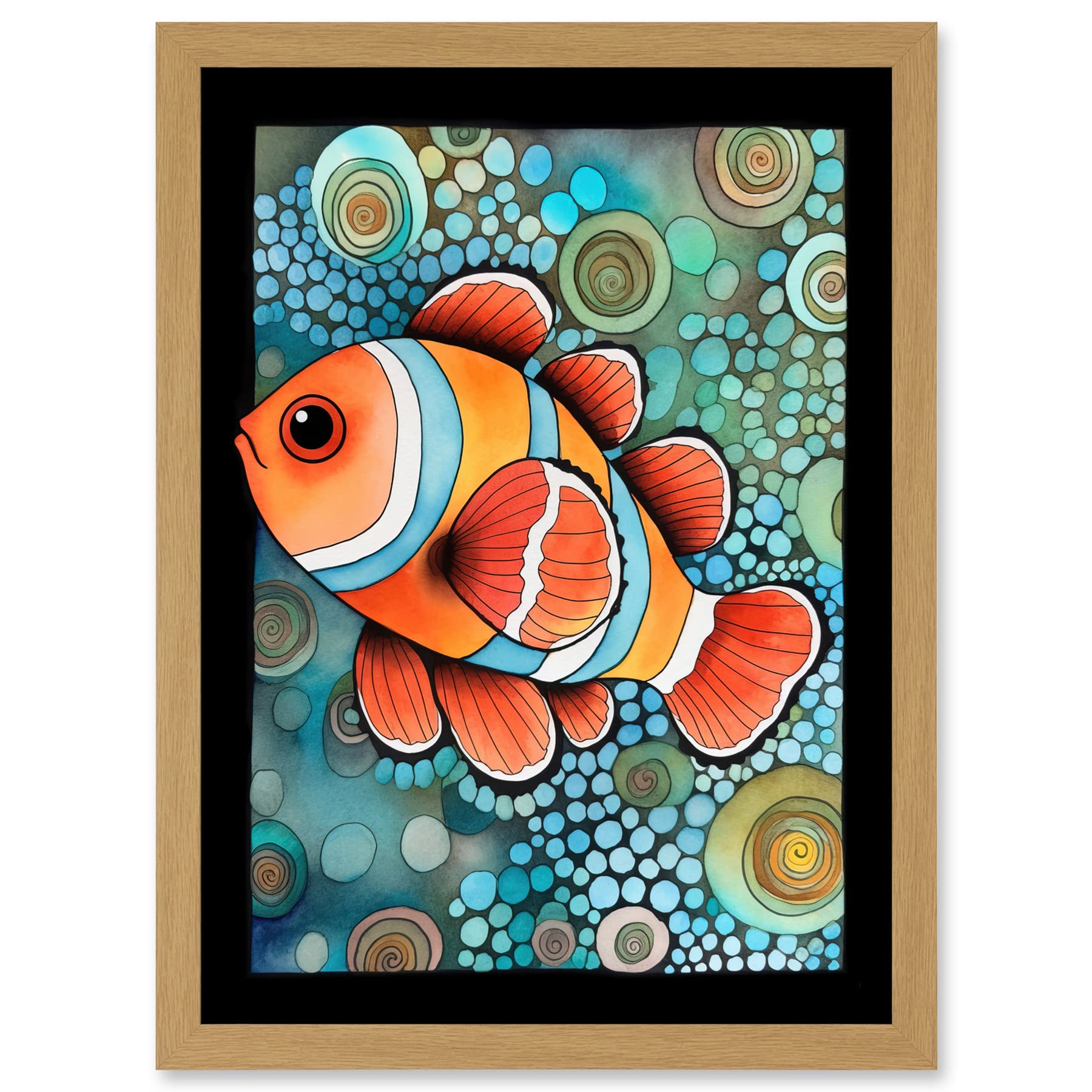 Artery8 Clownfish In Coral Patterns Folk Art Watercolour Painting Artwork Framed A3 Wall Art Print