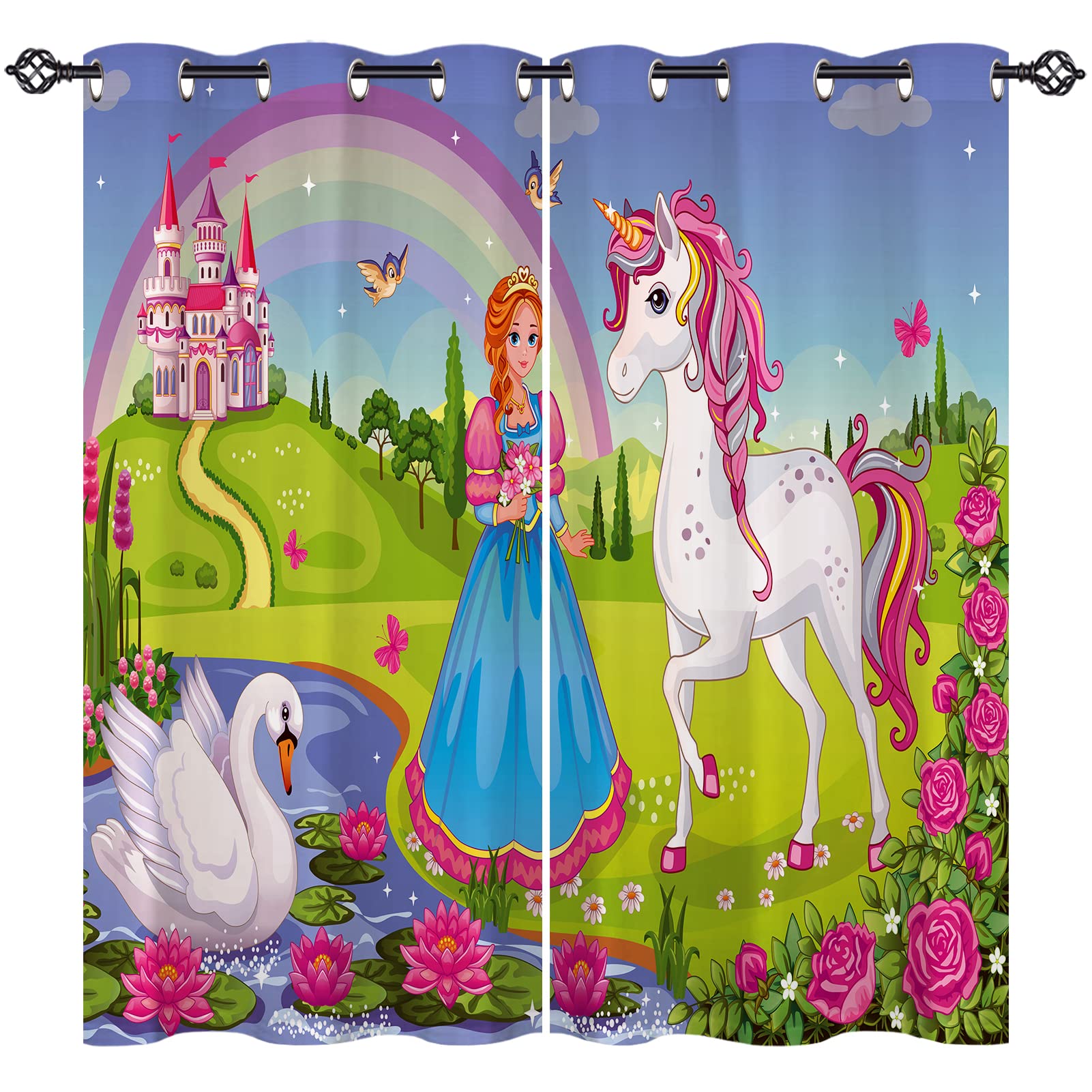 ANHOPE Unicorn Princess Curtains Eyelet 80% Blackout Curtains with Rainbow Castle Swan Flower Print Pattern Thermal Soundproof Window Drapes for Kids Girls Bedroom Living Room 46 x 90 Inch 2 Panels