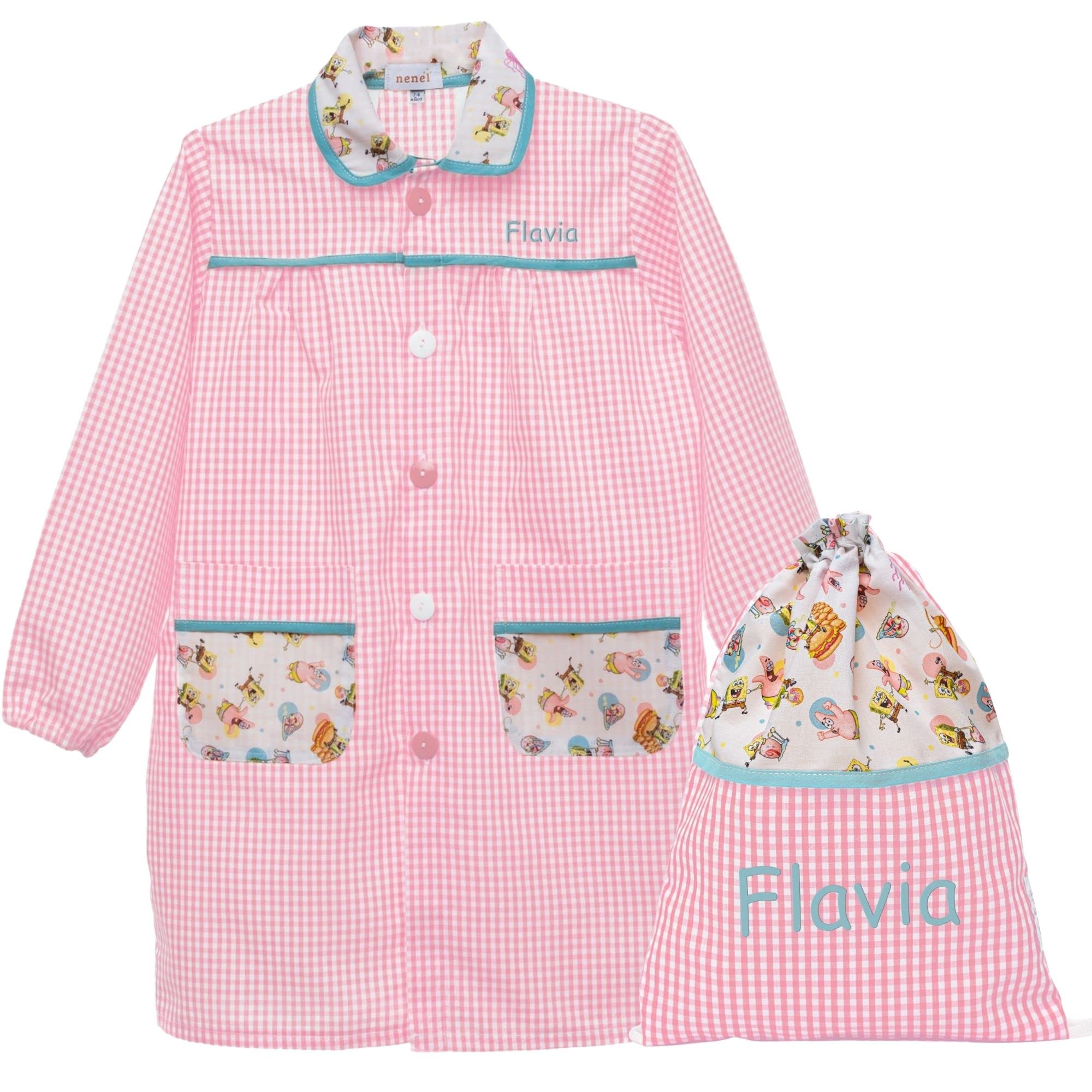 Nenel Conjunto Escolar para Colegio o guardería: Mandilón, babi o Bata Escolar + Bolsa merienda Bordado con el Nombre. Modelo Bob Esponja