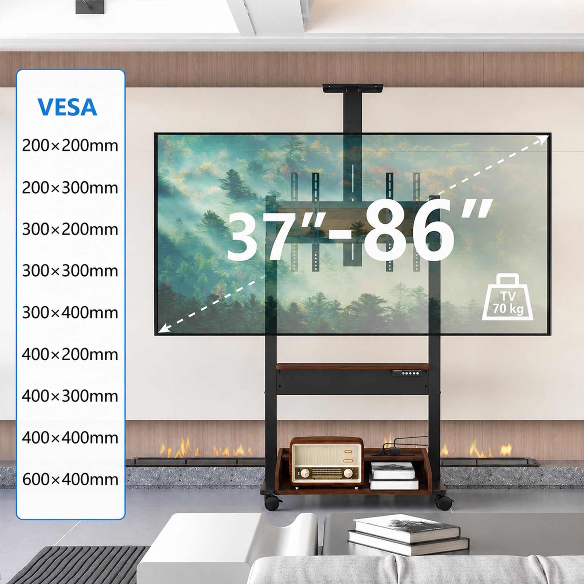 DQ TV Elevador Zelos eléctrico para TV de 37 a 85 Pulgadas Soporte de Enrollable, regulación de Altura Mediante Mando motorizado de Carga hasta 70 kg, 3 estantes y regleta de enchufes, Nogal Negro