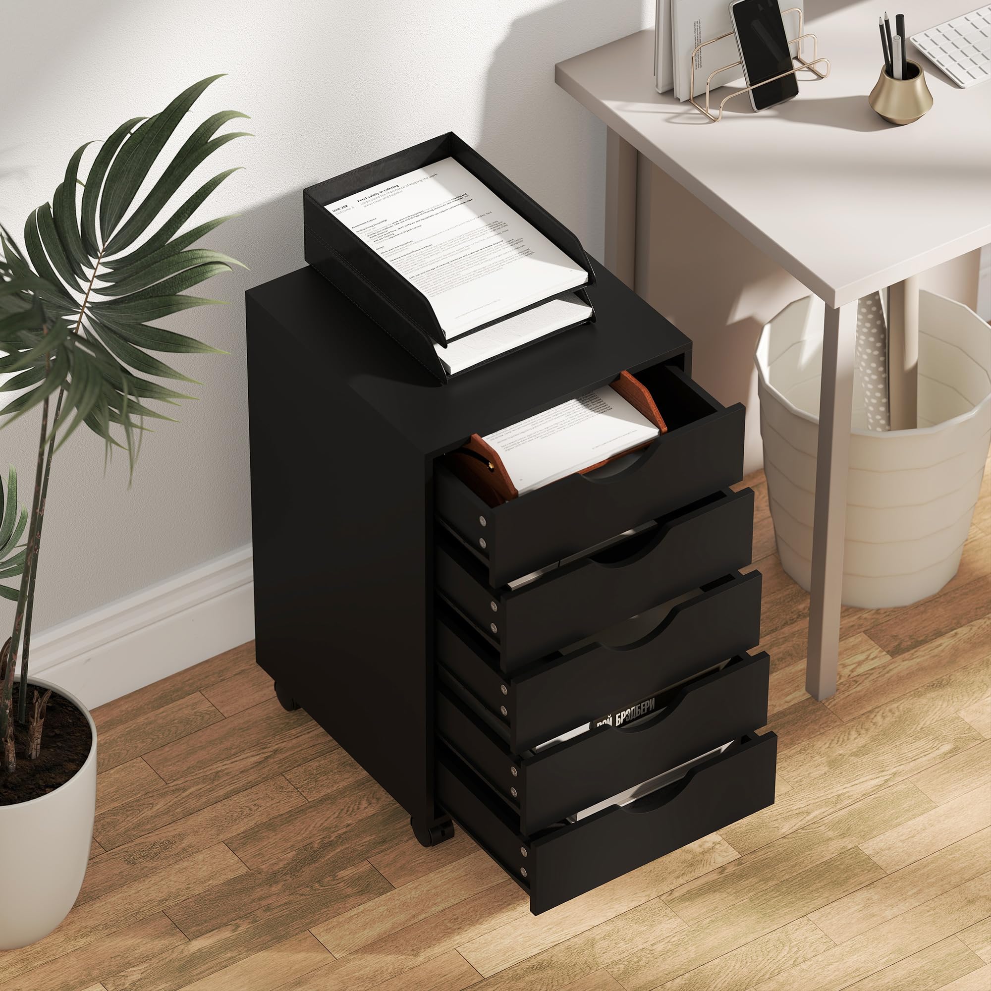 HOMCOM Caisson bureau mobile avec 5 tiroirs, meuble rangement bureau sur roulettes pour documents et imprimante, caisson de rangement compact pour travail ou chambre, 40 x 40 x 67 cm, noir