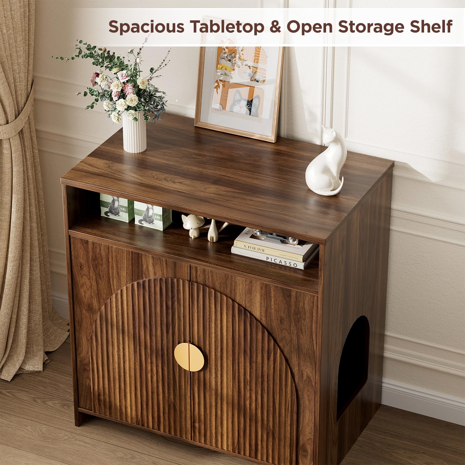 Cat Litter Box Enclosure, Cat Litter Box Furniture with Storage, Modern Fluted Arched Hidden Litter Box with Dual Entry, Waterproof Cat Box Enclosure, Side Table, Walnut - image 6
