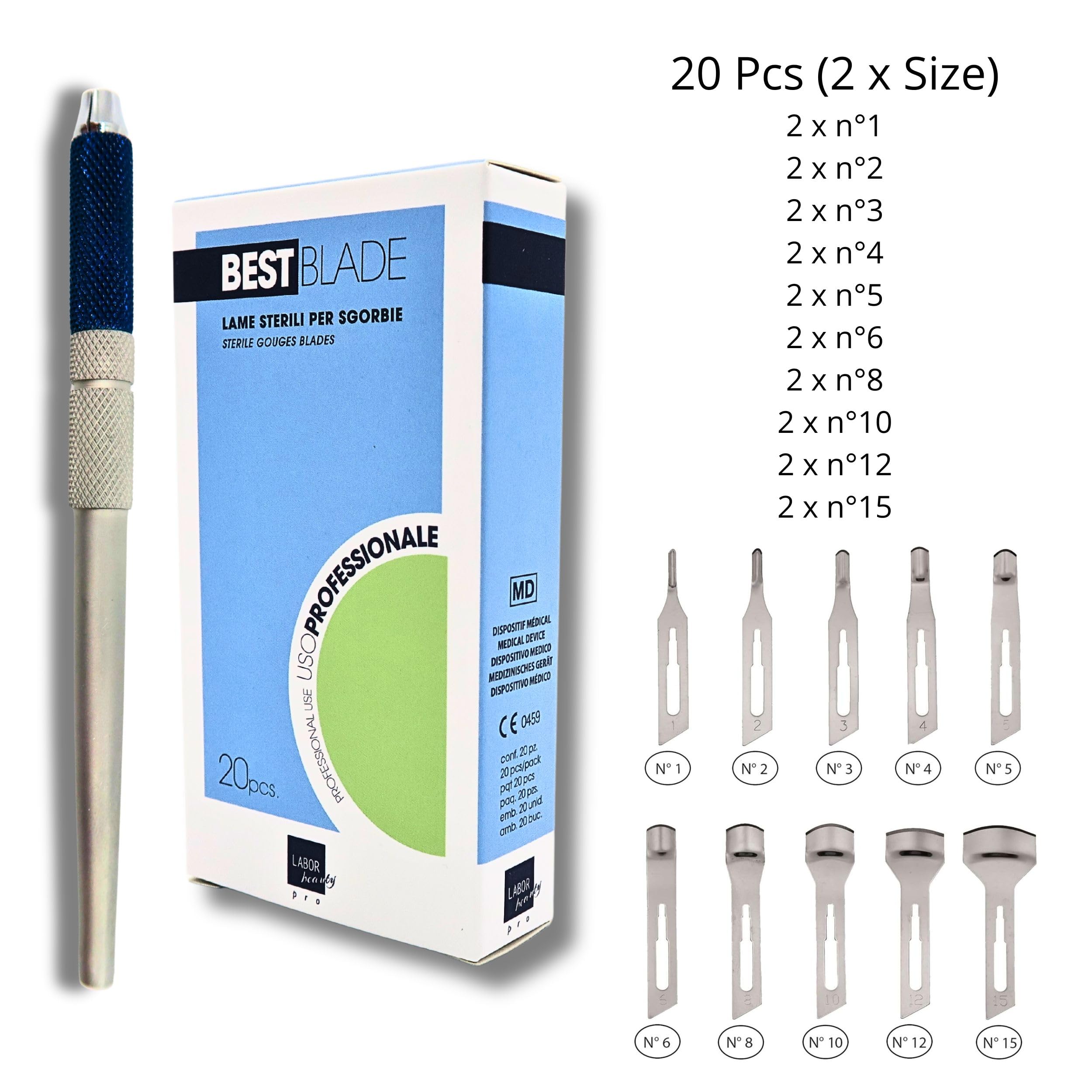 Lame Sgorbia Best Blade + Manico Porta Lama in Alluminio con chiusura a vite – Start Kit Pedicure Professionale – 20 Lame Assortite 2x(misura 1,2,3,4,5,6,8,10,12,15)