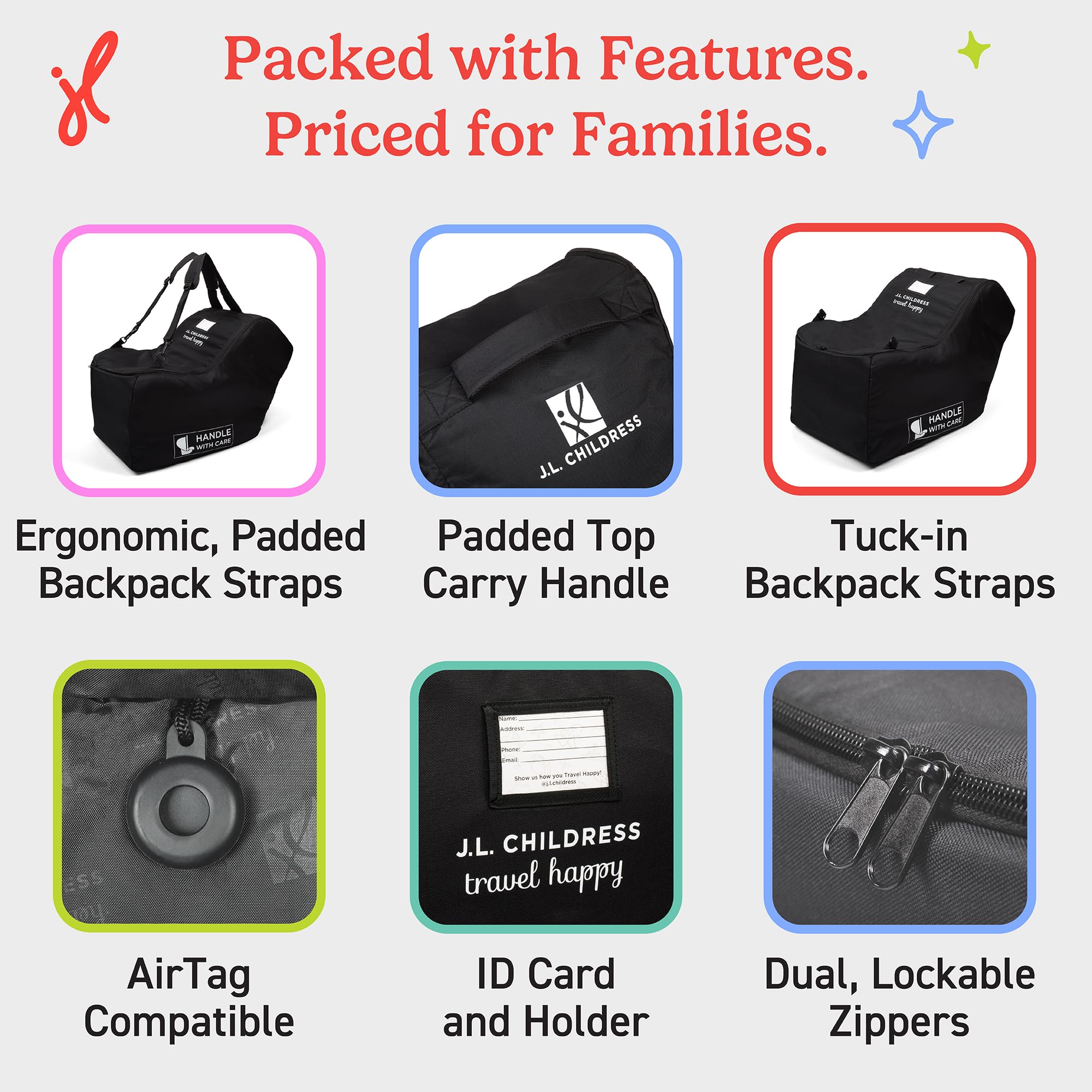 J.L. Childress Premier - Borsa da viaggio per seggiolino auto, imbottitura spessa, cinghie per zaino e supporto AirTag, compatibile con seggiolini auto UppaBaby, Nuna, Chicco e altri seggiolini auto