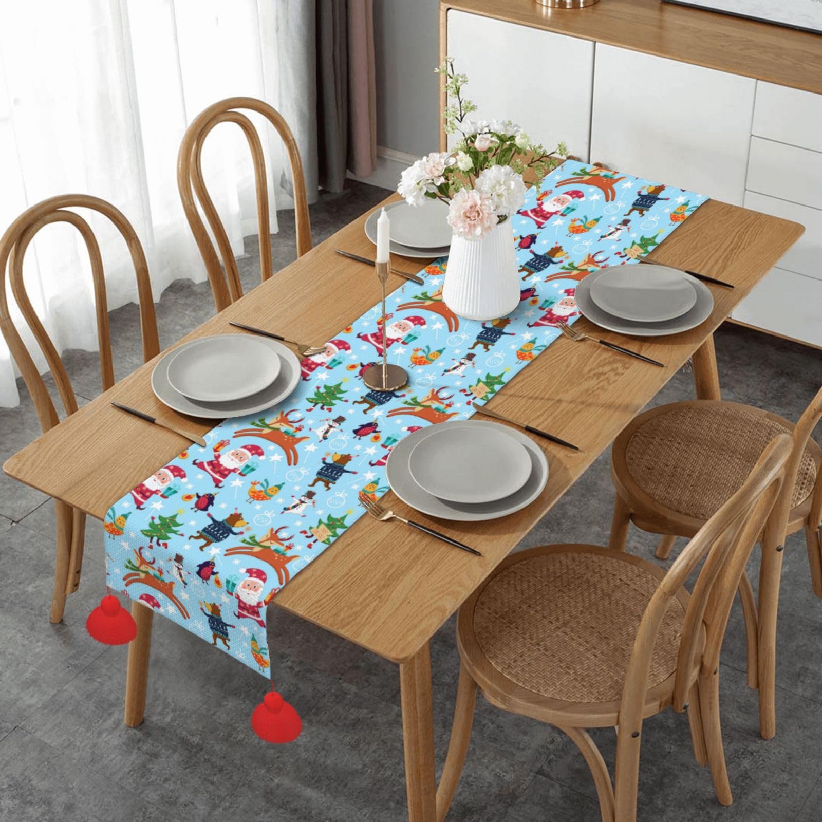 Chemin de table de Noël antidérapant à pompons 35x180 cm