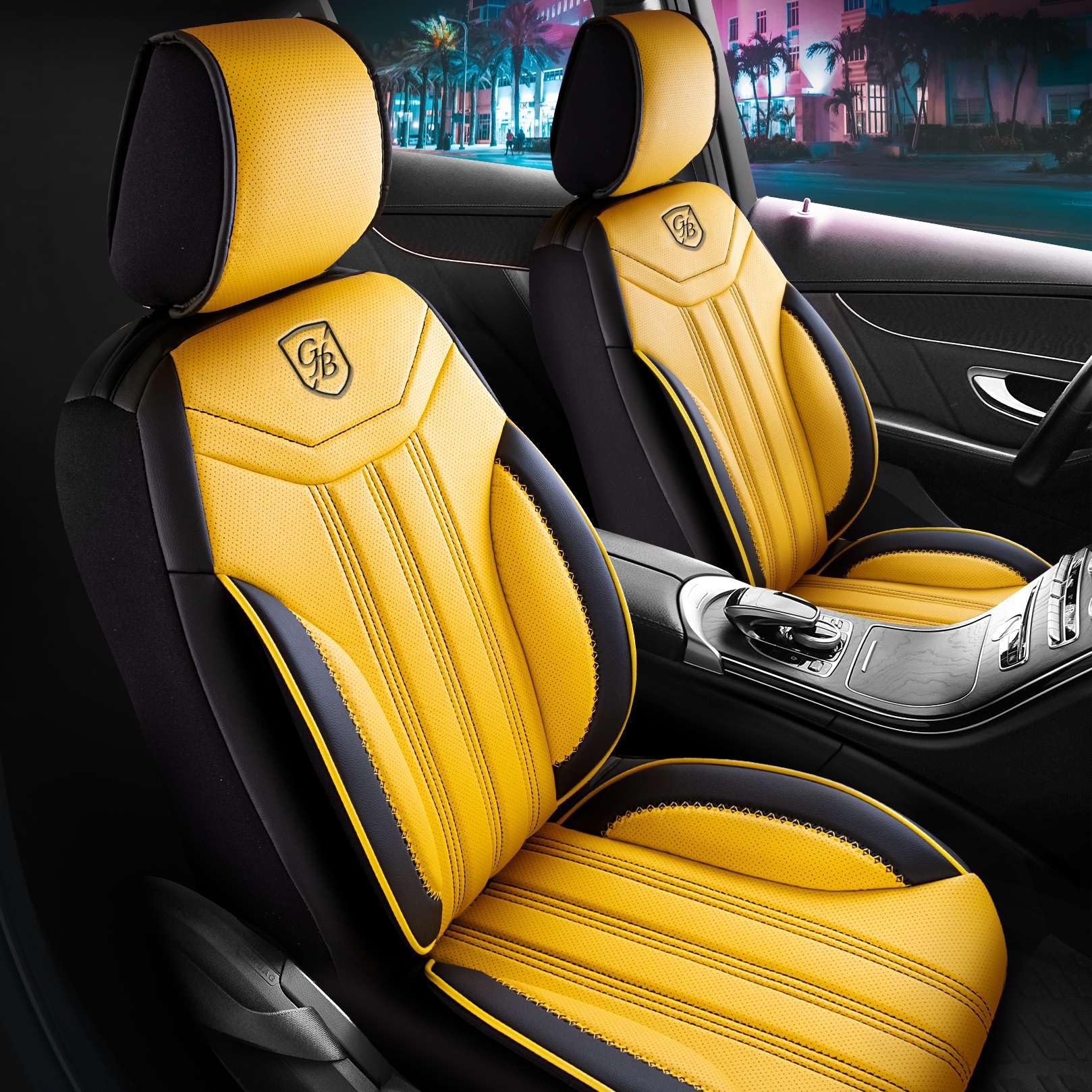 Autositzbezüge Universal für PKW & SUV – Premium Vordersitze Auto Sitzbezug aus Leder, Gelb-Schwarz, Airbag-Kompatibel Sitzauflage, Autoschonbezug, Komplett-Set inkl. Montageset