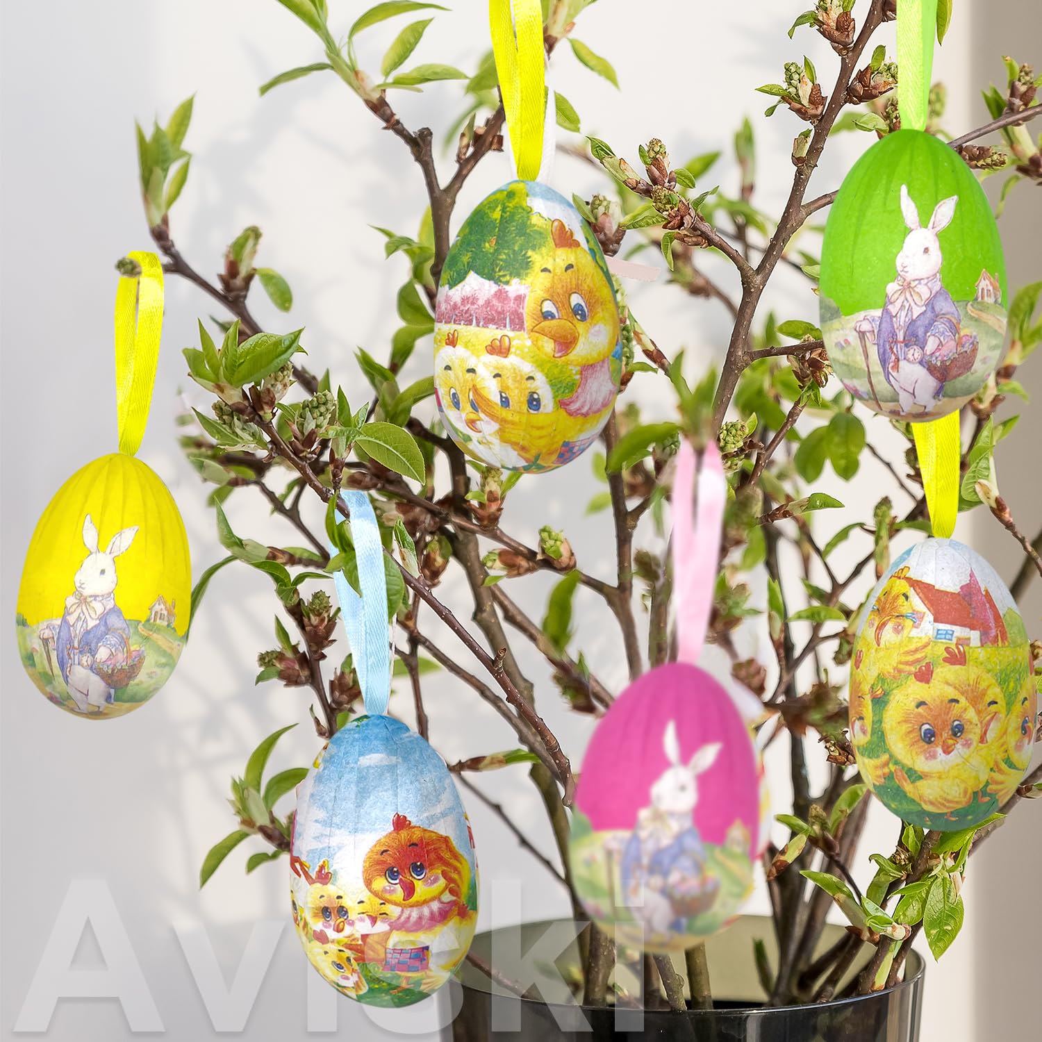 24 Uova Di Pasqua Decorative Da Appendere | Set Elegante Con Nastri Per Decorazioni - 3