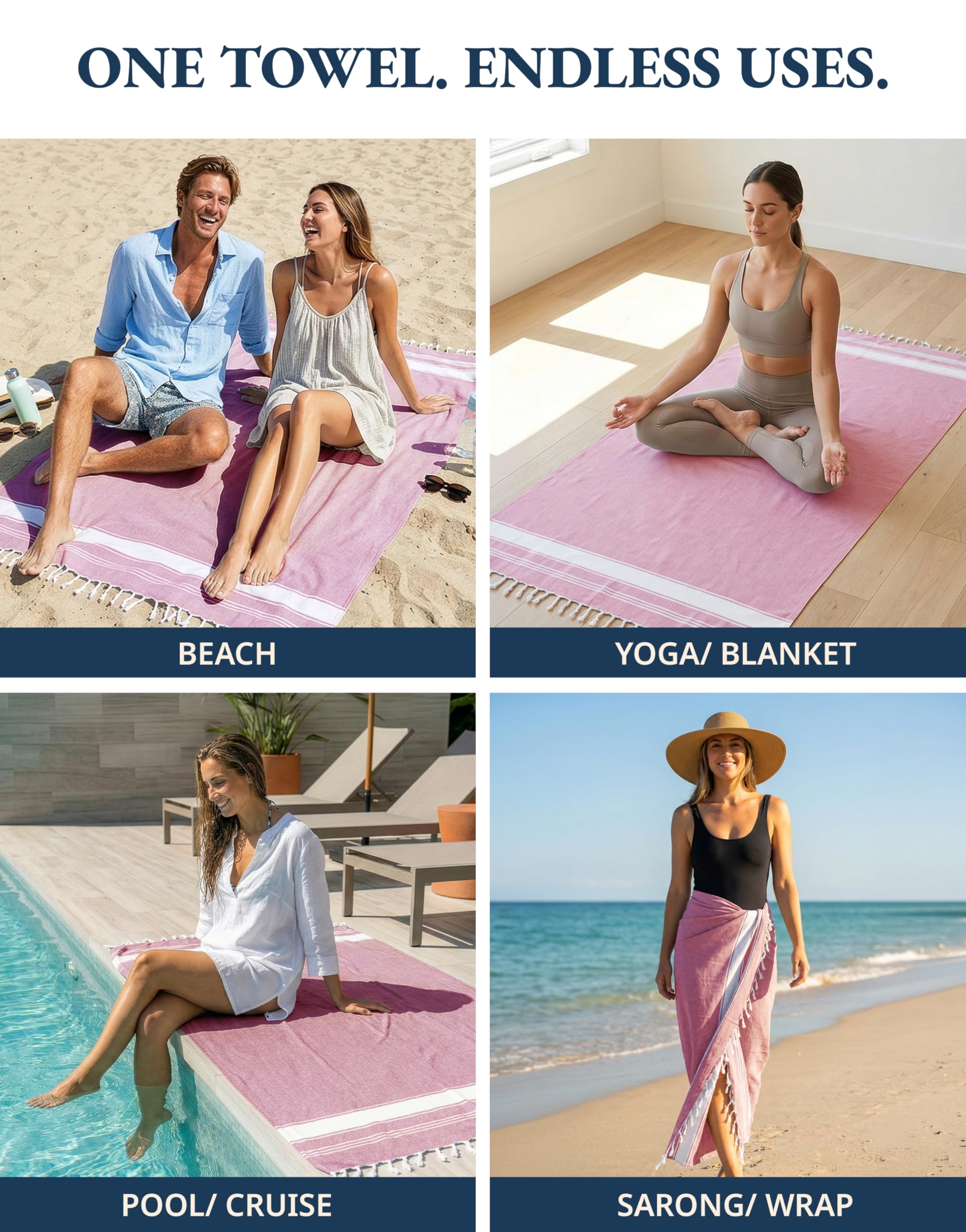 LANE LINEN – Ensemble de serviettes de plage turques, lot de 4 – Serviettes de plage, serviettes de piscine prélavées, serviette de plage extra grande, sèche rapidement et sans sable, serviette de