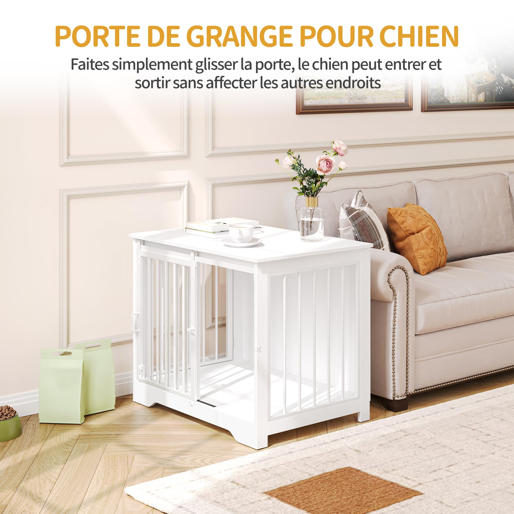 Hzuaneri Cage pour Chiens 81cm, Table d'Appoint, Niche Moderne, 2 Portes, 81 x 55 x 67,5 cm, Blanc