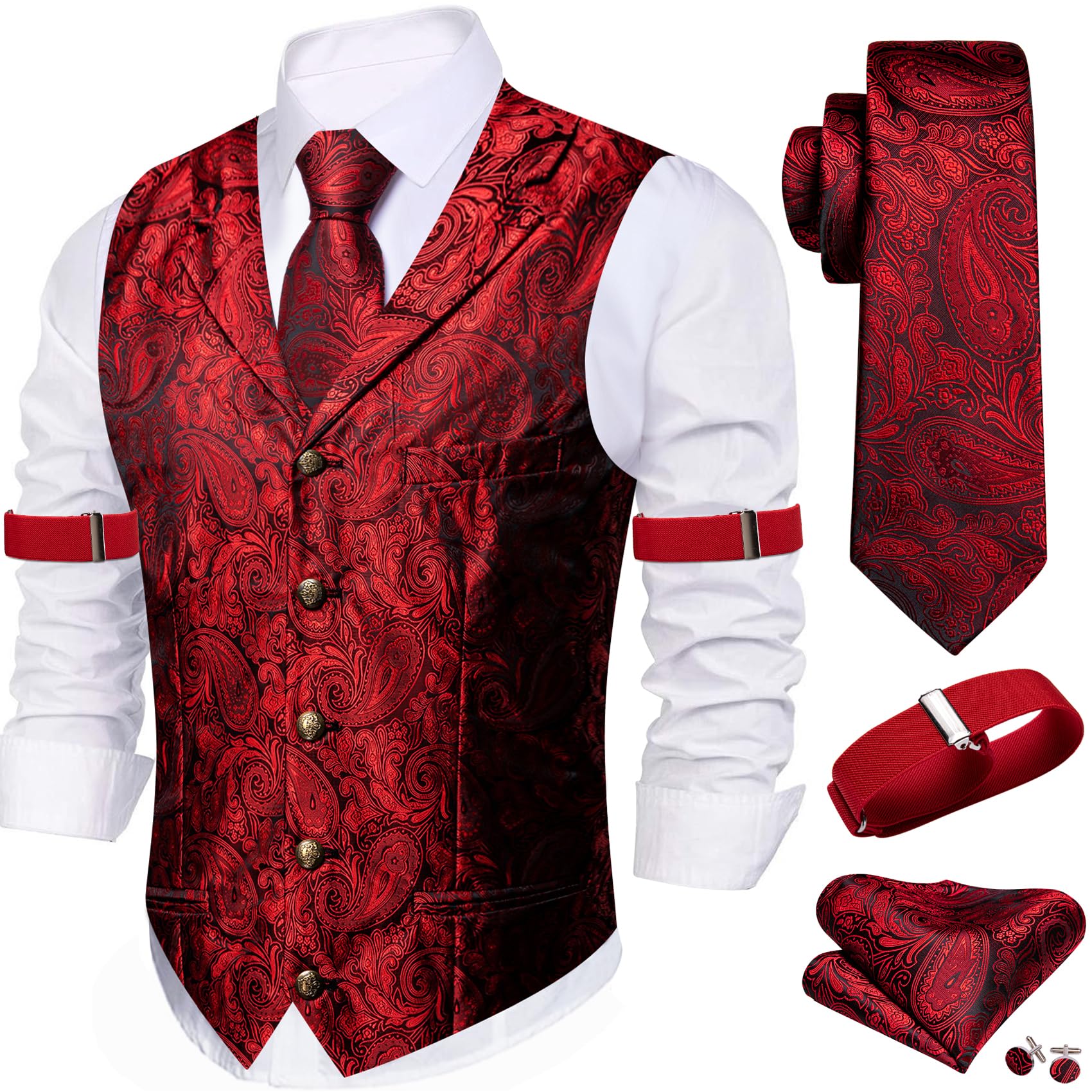 Barry.Wang Mens Silk Paisley/Floral Suit Vest Tie Sleeve Holder Set 5PCS
