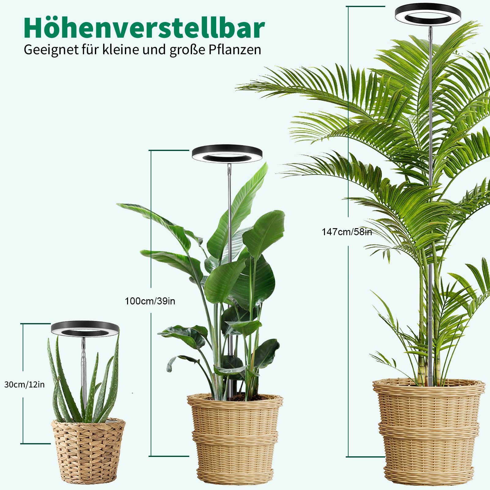Qoolife Lampada a LED a spettro completo per piante da interno, 155 cm, altezza regolabile con 72 LED, 3 livelli di luminosità dimmerabili, timer 3/9/12 ore per piante da interni