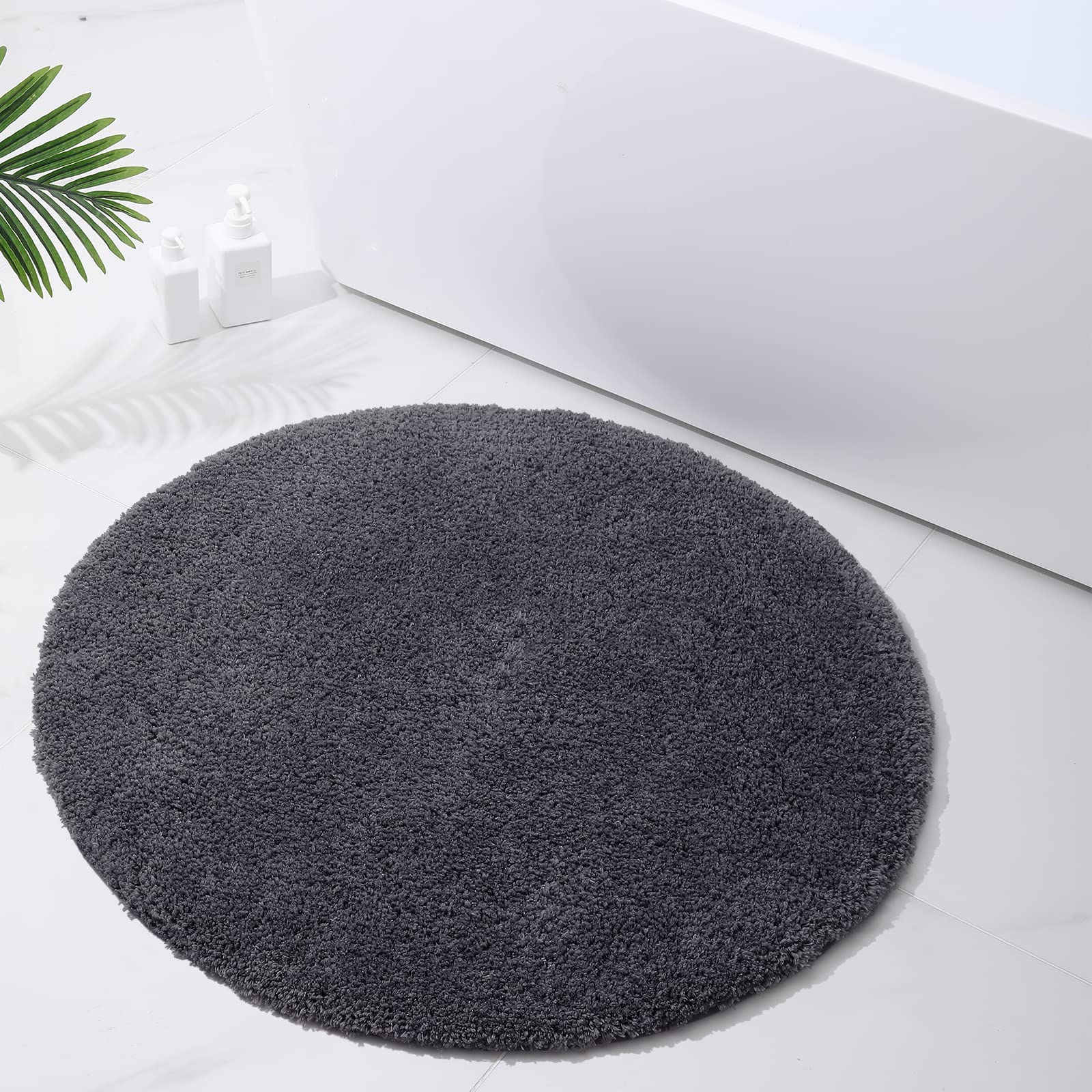 Homaxy Tappeto da bagno antiscivolo, morbido, lavabile, Shaggy, a pelo lungo, in microfibra, rotondo, diametro 90 cm, grigio scuro