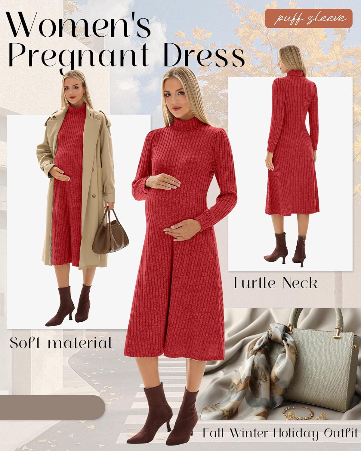Women's Maternity Sweater Dress, Turtleneck Long Sleeve Knit Pregnant Puff Sleeve Dress Fall Winter Holiday Outfit - Image 6