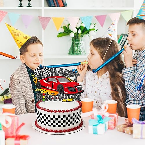Miniatura 8 de 37 piezas de decoración de pastel de cumpleaños de autos de carreras, decoración de cupcakes con purpurina para autos de carreras, decoraciones para