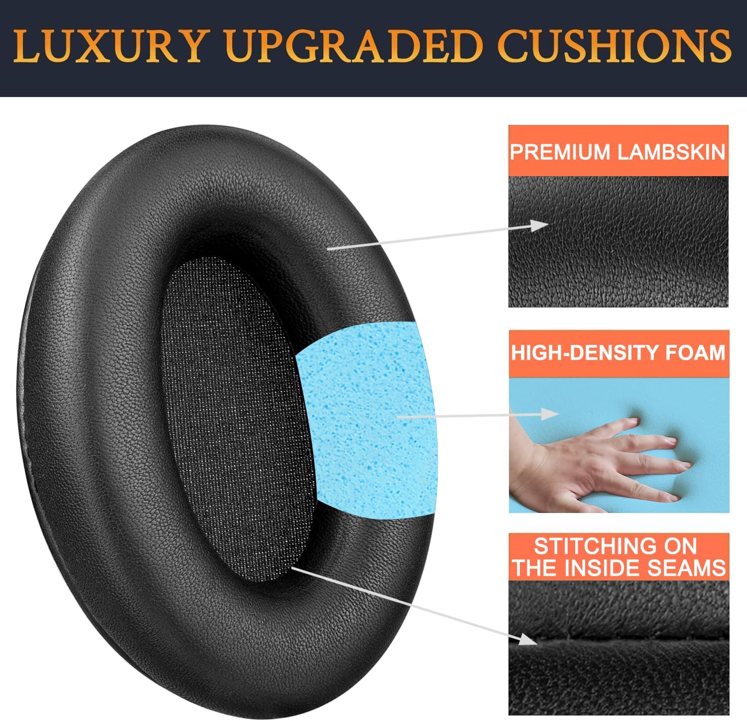 SOULWIT Lambskin Professional Replacement Earpads Cushions for Sony WH-1000XM3 (WH1000XM3) Over-Ear Headphones, Ear Pads Cushions with Noise Isolation Foam, Added Thickness - Brilliant Black
