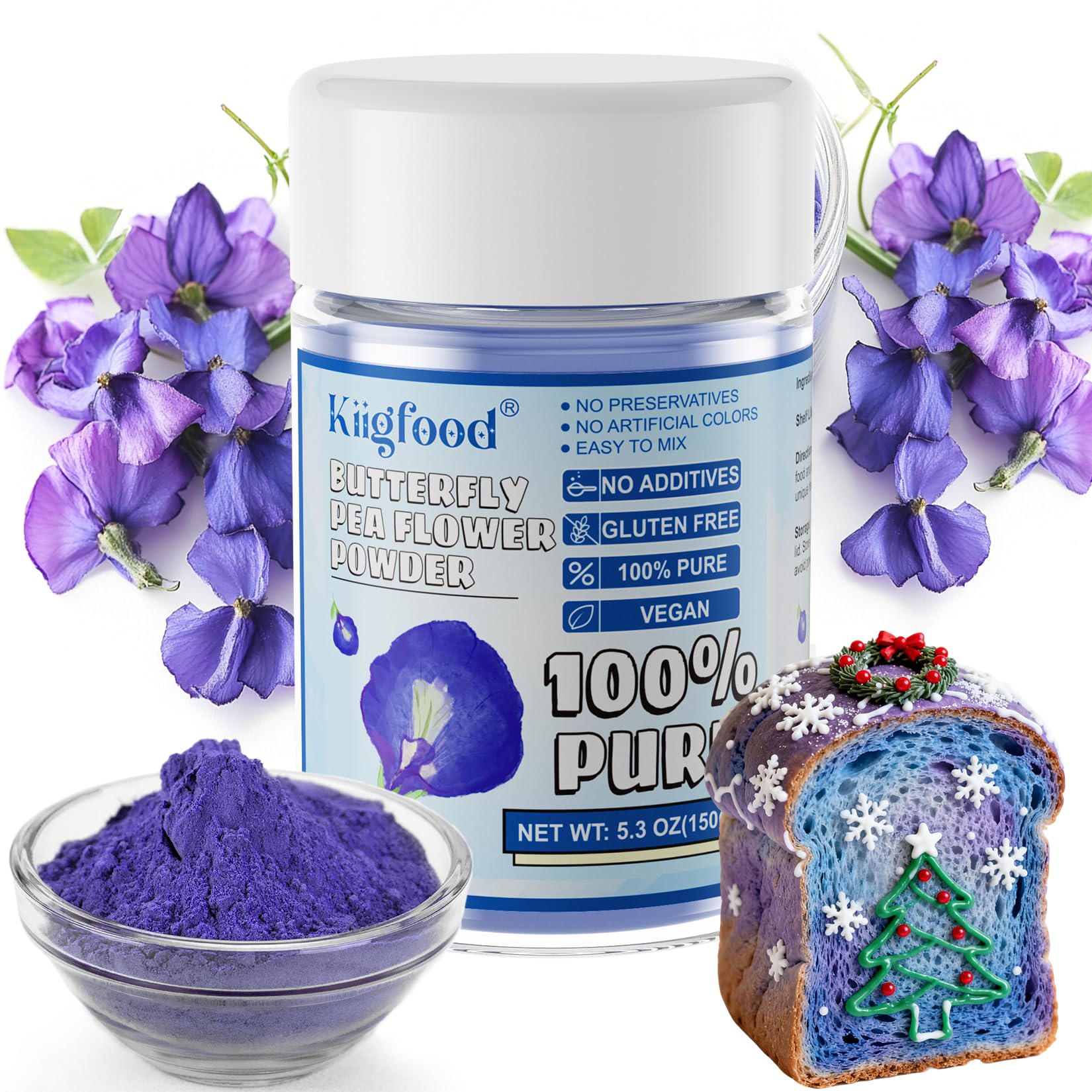 Butterfly Pea Flower Powder - Kiigfood 5.3 oz/150g Pure Natural Blue & Purple Food Coloring, Butterfly Pea Powder for Drinks, Smoothies, Cocktail, Christmas Baking, Pasta - Vegan, Gluten-Free, Non-GMO