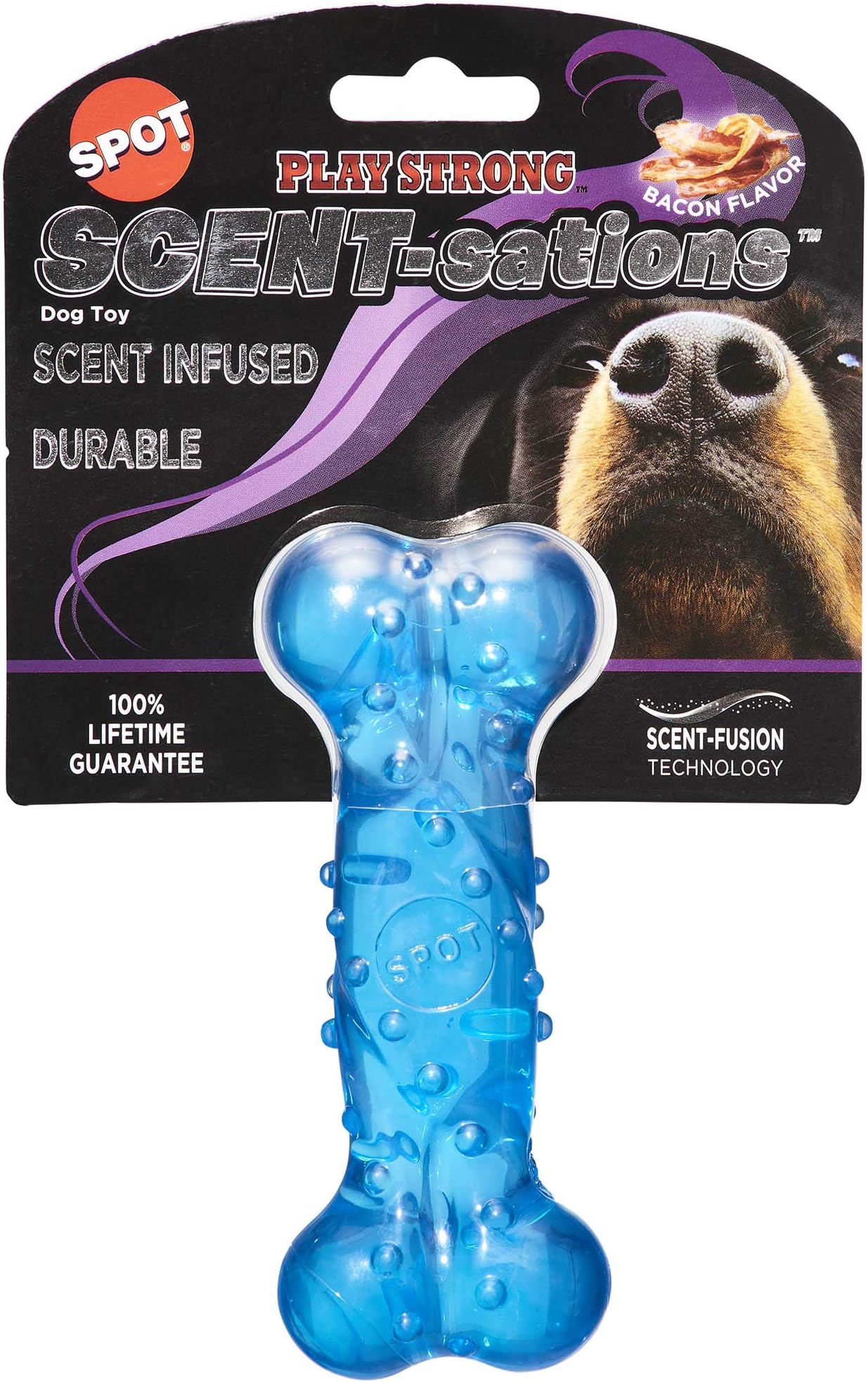 Play Strong Scent-sations Bone - Scent-Infused, Strong, Durable TPR Rubber, Heavy Duty Dog Toys for Aggressive Chewers up to 45lbs, Perfect for Small & Medium Breeds, 5in, Bacon Flavored
