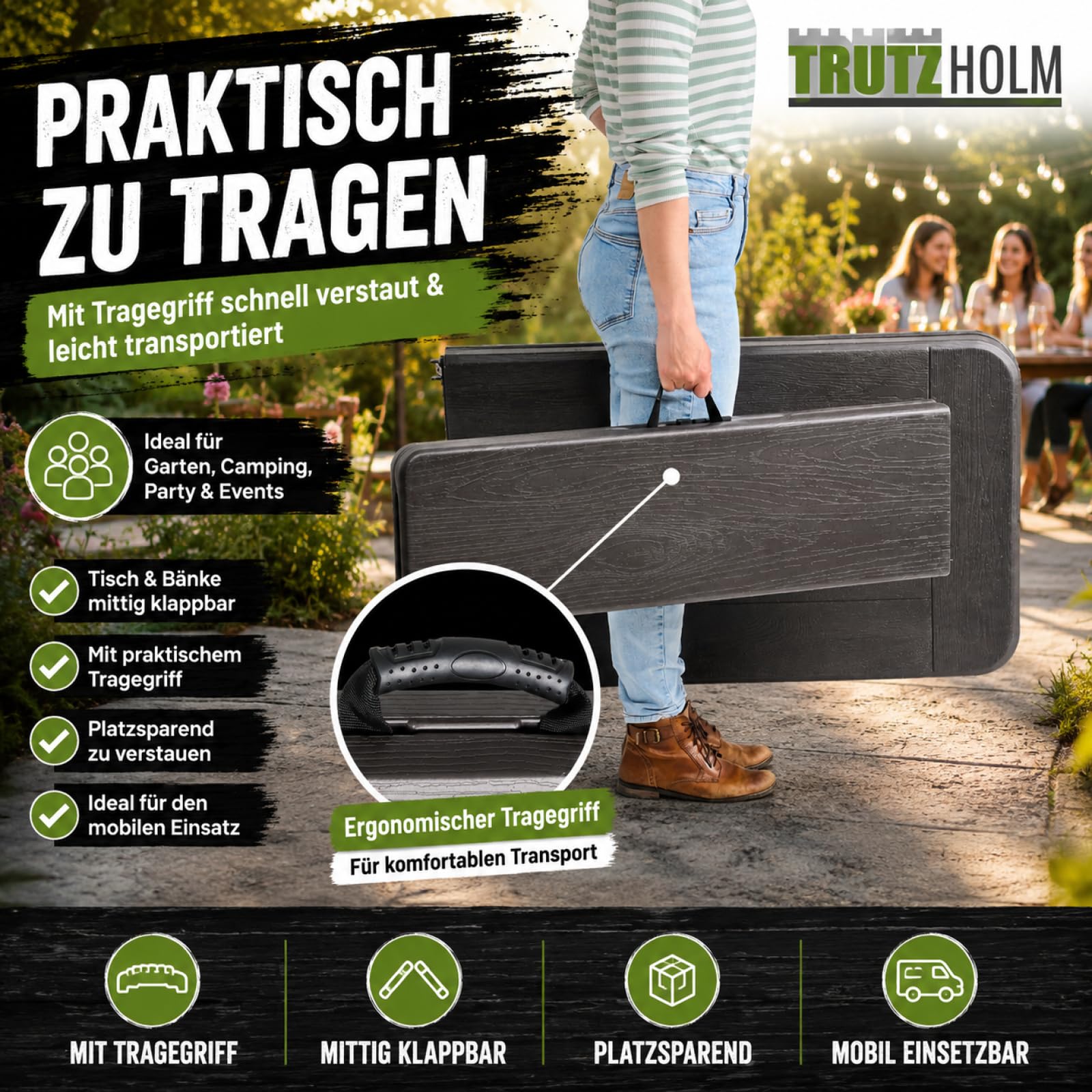 TRUTZHOLM Bierzeltgarnitur in Grauer Holzoptik Festzeltgarnitur 180x75cm klappbar Gartenmöbelset 2 Bierbänke 1 Tisch Campingbedarf Gartenparty Balkon Garnitur