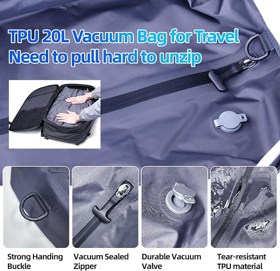 KINGSLONG Vacuum Backpack Travel Bag: Men Vacuum Backpack with Pump | Fit 17 Inch Computer Expandable Compression Rucksack Waterproof Carry on Large Cabin Size for Work Business Black