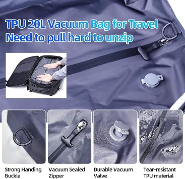 KINGSLONG Vacuum Backpack Travel Bag: Men Vacuum Backpack with Pump | Fit 17 Inch Computer Expandable Compression Rucksack Waterproof Carry on Large Cabin Size for Work Business Black