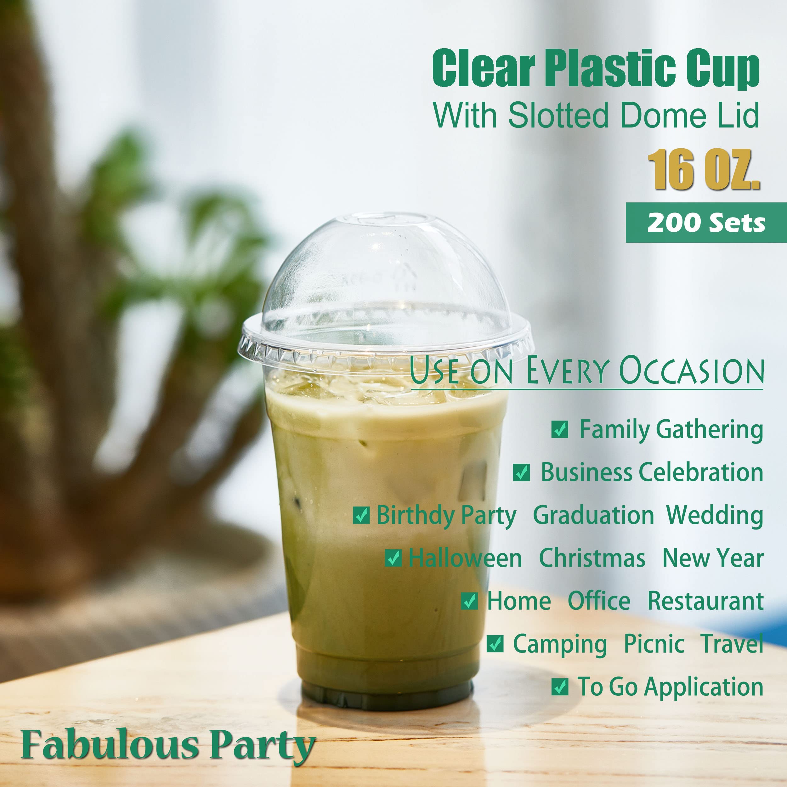 Fabulous Party [200 Sets- 16 Oz Clear Plastic Cups with Dome Lids] PET Crystal Clear Cups with Dome Lids, To Go Cup for Ice Cream Fruit Parfait Dessert Milkshake Iced Coffee Cold Drink