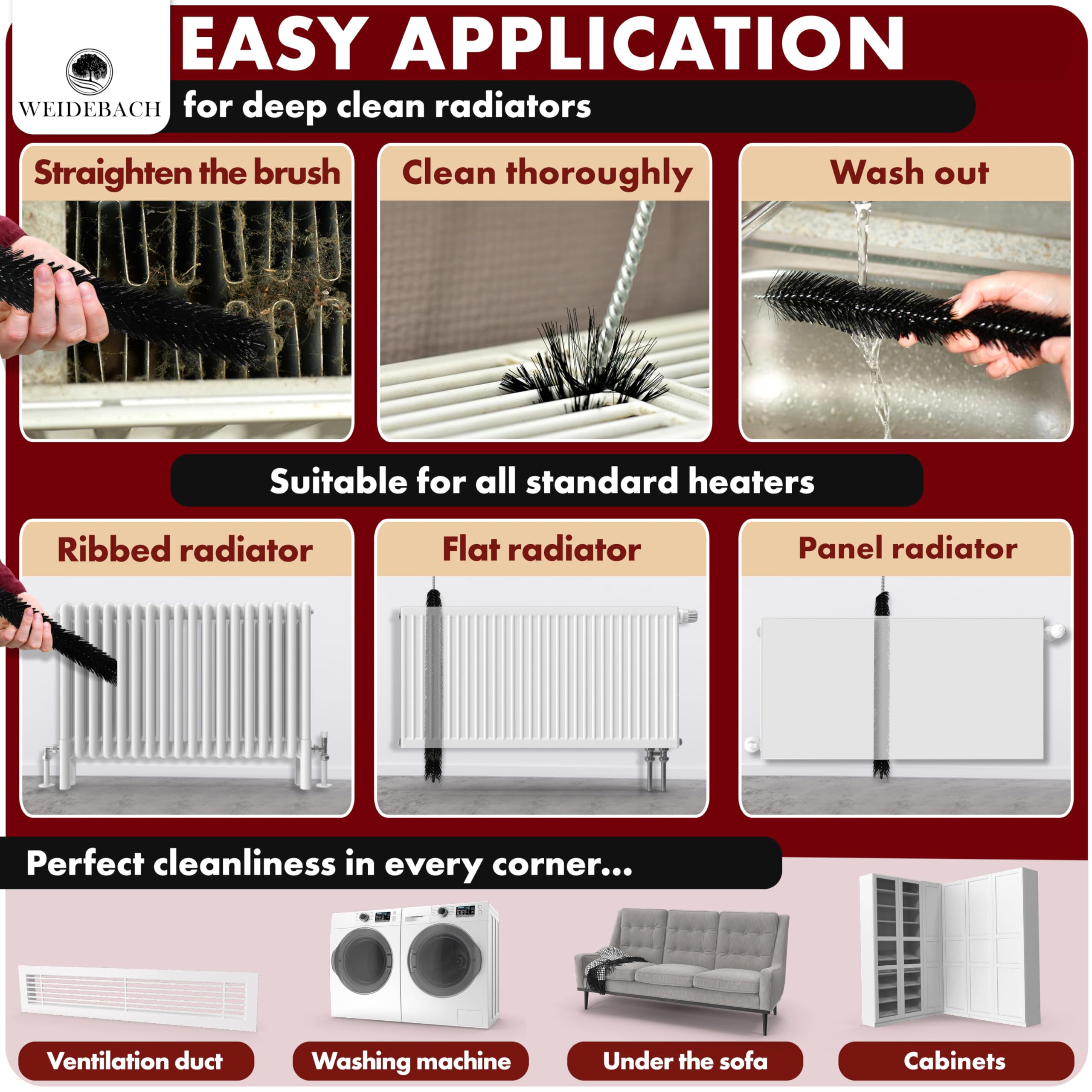 Weidebach® Radiator Bristle 36in / 16in Long, Nylon Bristle, Radiator Cleaning Brush Animal Hair-Free Bristle, Radiator Brush - Image 3