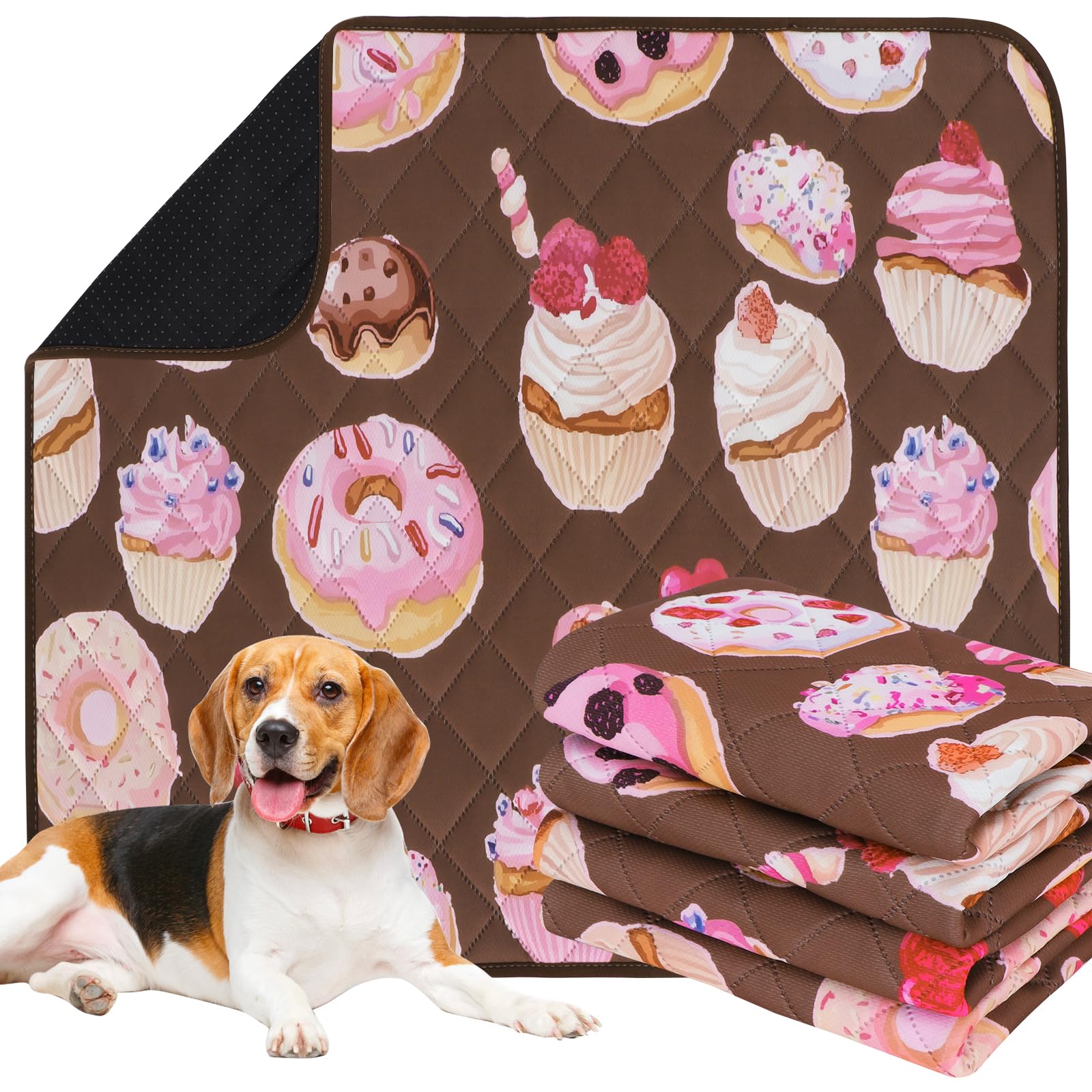 IEUUMLER Washable Pee Pads for Dogs, 2 Pack Cake Pattern Reusable Waterproof Puppy Potty Pads, Non-Slip Absorbent Pet Training Pads for Playpen Crate Bed EU015 Coffee Cake, 90x80cm