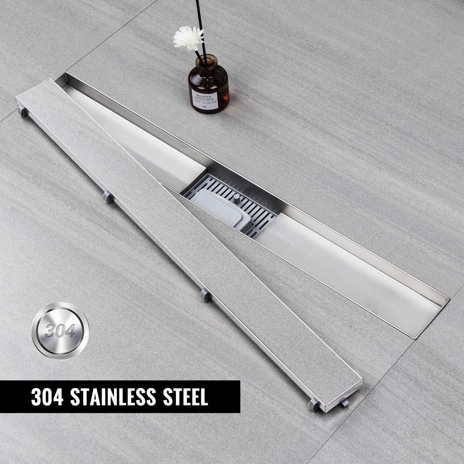 Caniveau Acier Inox 60cm, Drainage Rapide avec Siphon Bloc-odeur et Filtration Cheveux