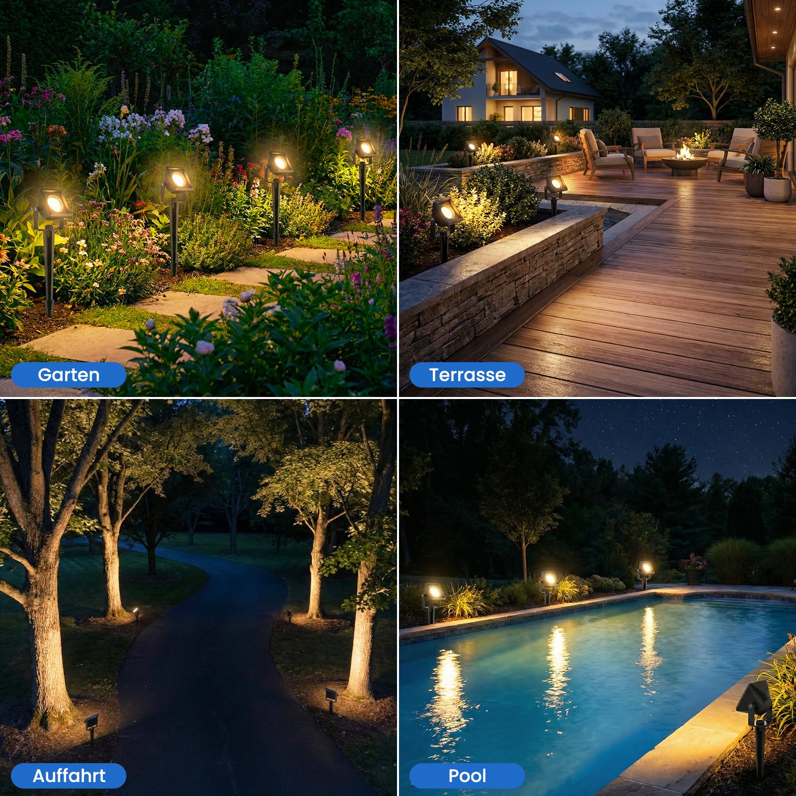 Solarlampen für Außen, Solar-Gartenstrahler mit 4 Timerstufen + 4 Helligkeitsstufen, Solarstrahler für Außen Garten, Automatisches Ein-/Ausschalten, IP65 Wasserdicht Solar Strahler Außen