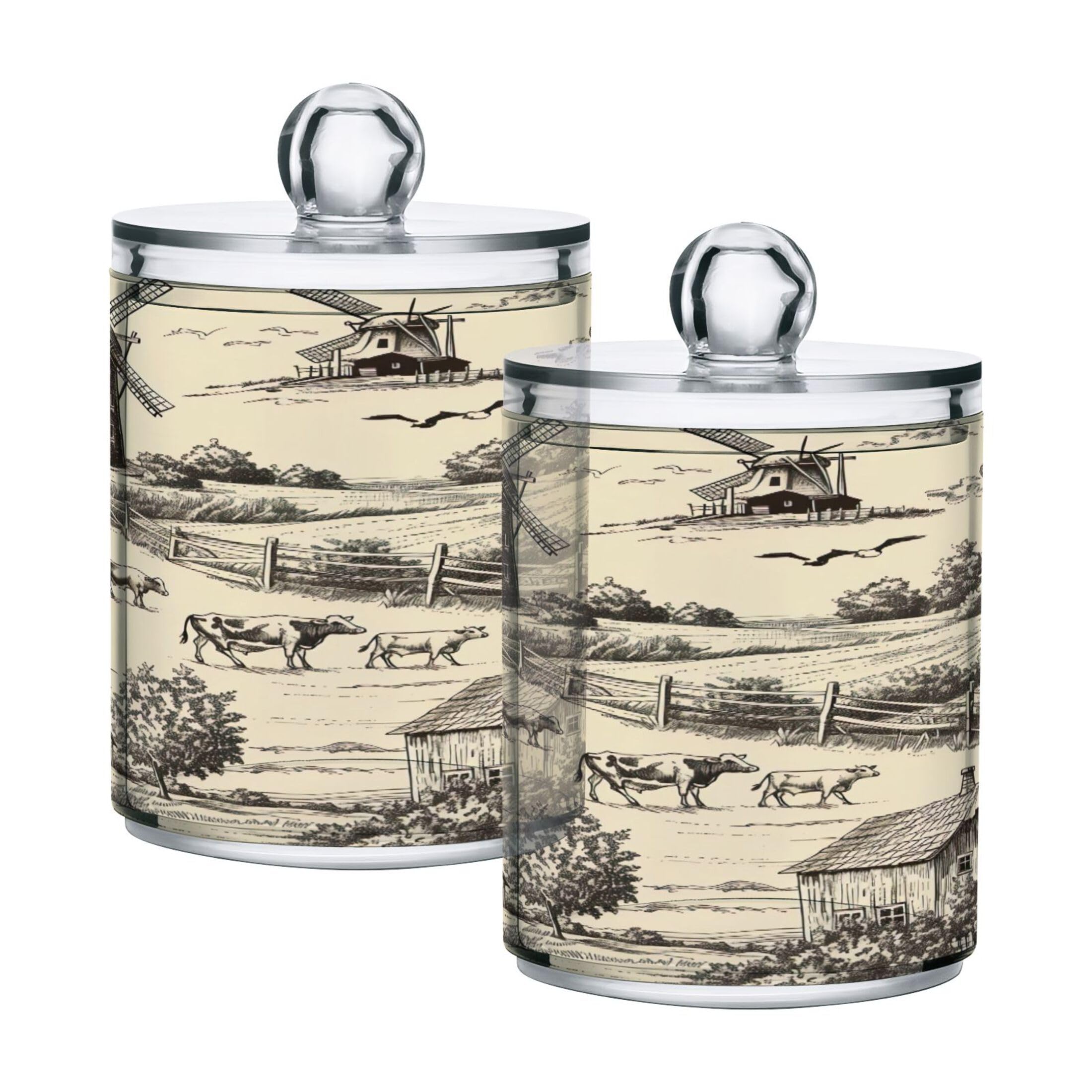 4 Pack Landscape with Windmill Qtip Holders Dispenser Bathroom Vanity Organizers Clear Plastic Apothecary Jars with Lids for Cotton Ball, Cotton Swab, Cotton Round Pads, Floss