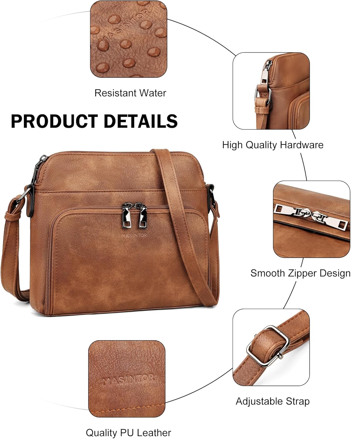 MASINTOR Crossbody Purse Bags for Women, Multi-Pocket Soft Leather Shoulder Purse with Tassel, Lightweight Travel Handbag - Image 6