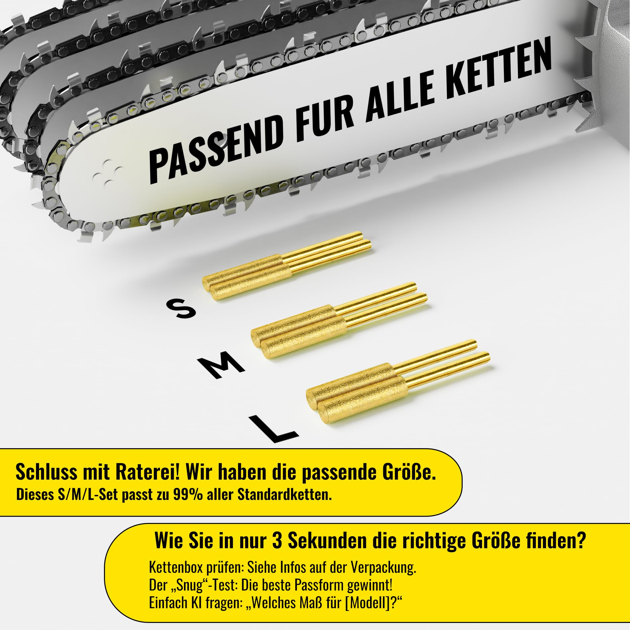 EzzDoo Elektrisches Kettensägen-Schärfer-Set mit Titanbeschichteten Diamant-Bits – Hochgeschwindigkeits-Kettensägenschärfer-Werkzeug und 6 Schärfräder mit hoher Härte für alle Kettensägenketten.