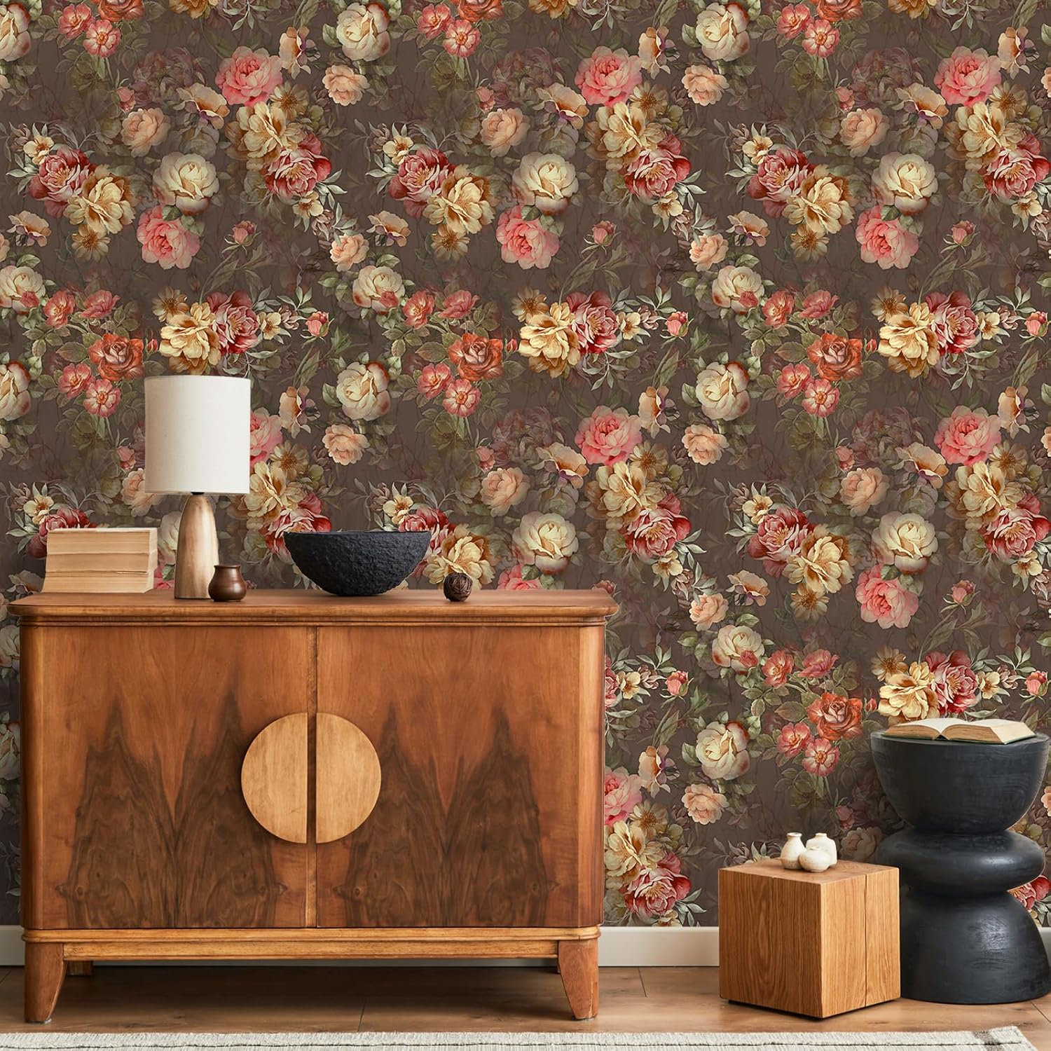 VEELIKE Brown Nostalgic Flower Wallpaper Peel and Stick Vintage Floral Wallpaper for Bedroom Bathroom Nursery 17.7''x354'' Self Adhesive Removable Wall Paper Floral Contact Paper for Walls Cabinets