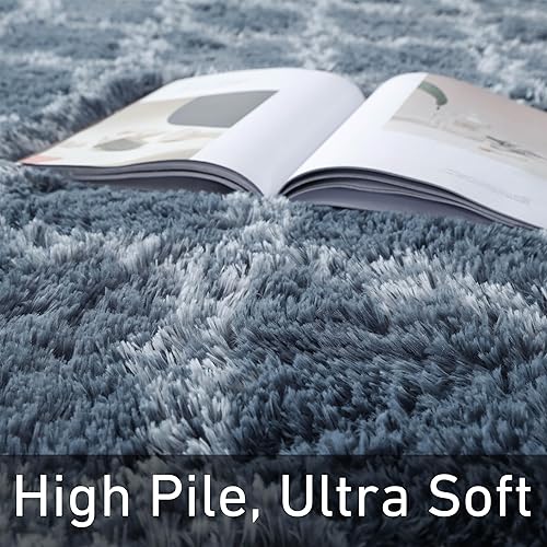 Miniatura 3 de CRUGZ Alfombra de lujo geométrica azul a cuadros de 5 x 7 pies, ultra suave, alfombra azul para sala de estar, alfombra azul marroquí peluda para