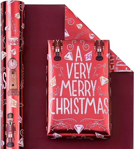 Miniatura 2 de WRAPAHOLIC Papel de regalo reversible de Navidad, mini rollo, 17 pulgadas x 33 pies, diseño de cascanueces de aluminio de Feliz Navidad para