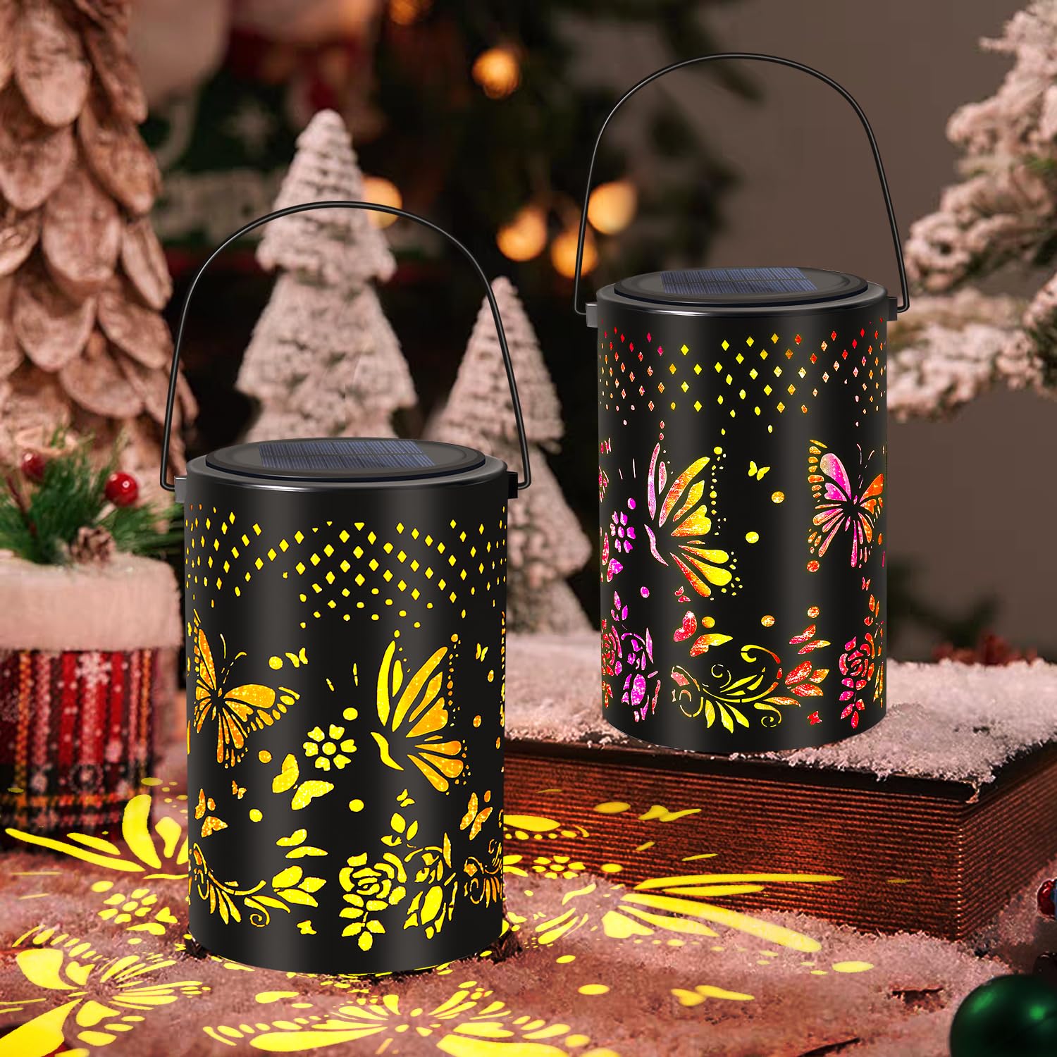 Solar Lantern Butterfly Outdoor Waterproof,Two Lighting Modes Garden Decor Christmas Gifts for Women Mom Grandma Hanging Solar Lights Metal Decor for Outside,Backyard,Patio