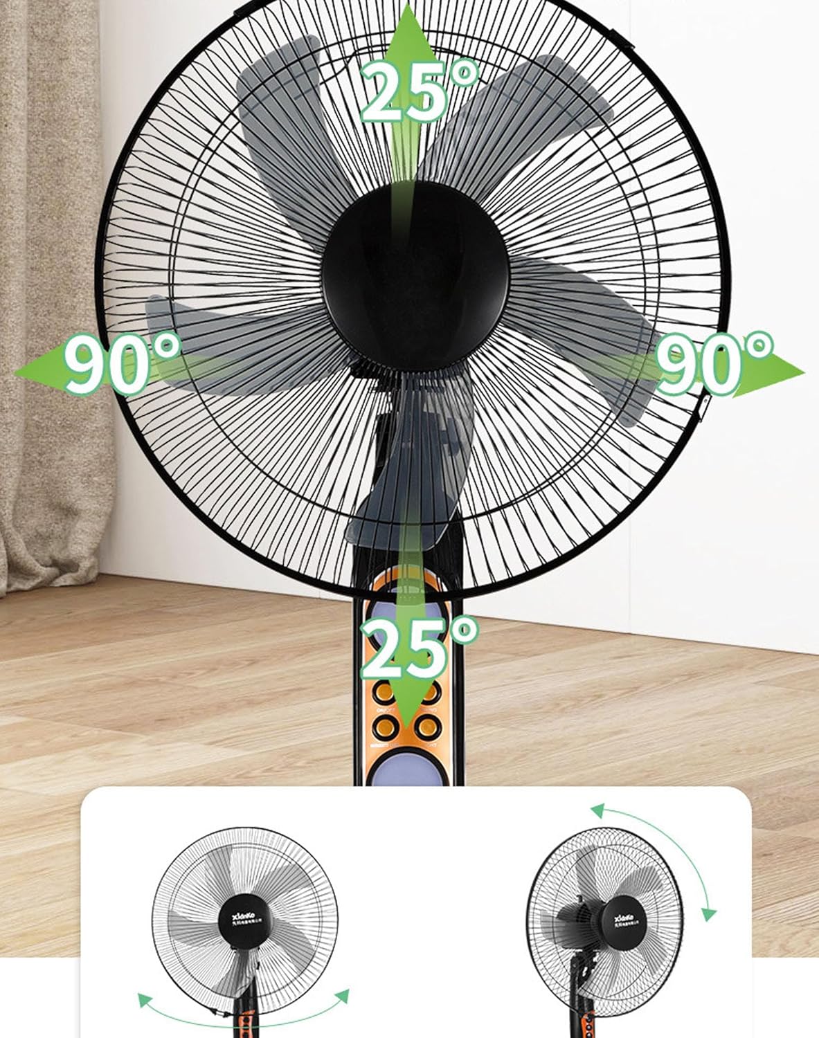 CAULO 16inch Swing Head Fan with Remote Control 25w 12000mah with 6w Solar Panel Electric Solar Stand Fan,360° Mobile Adjustable Solar Fan (Black)