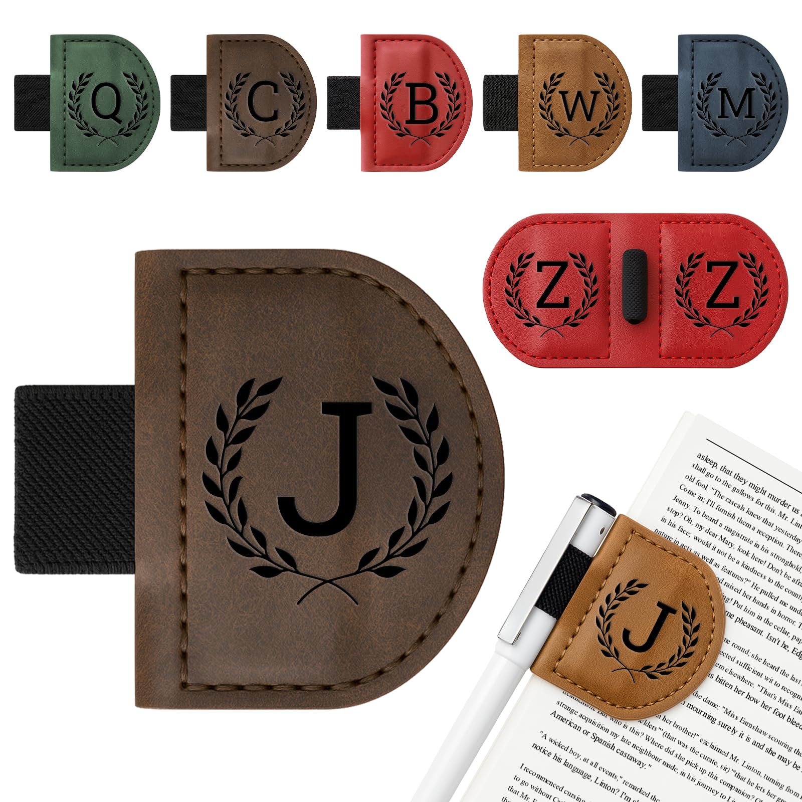 Personalized Bygone Mark Bookmark with Pen Holder,Engraving Leather Magnetic Bookmarks Vintage 26 Letters Name Initials Text Book Marker Clips Gifts