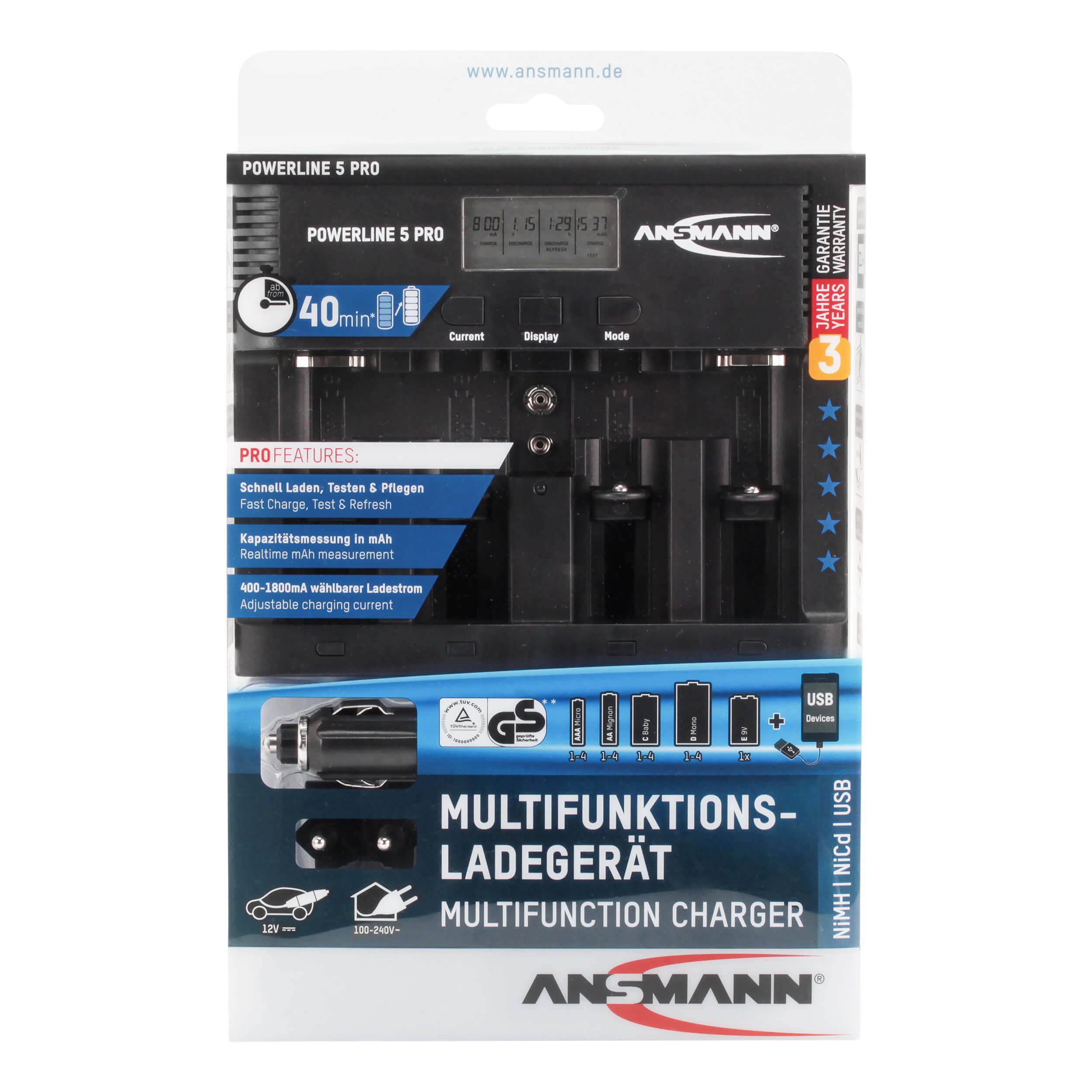 Ansmann - Cargador para 4 Pilas AA/AAA con USB