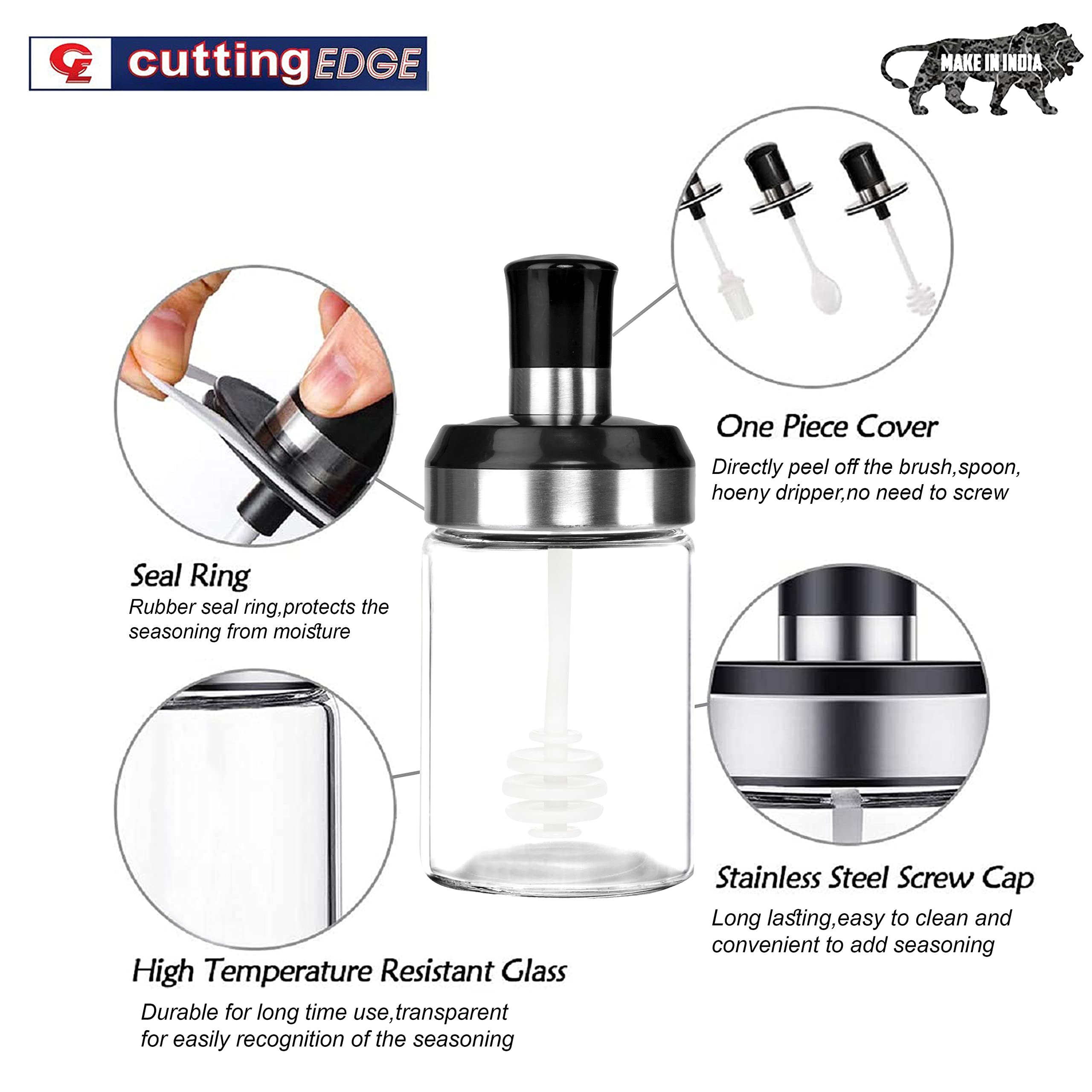 Cutting EDGE Borosilicate Glass Containers for Sauce, Honey, Ghee, Chutney Jar with Dipper for Dinning Table, Kitchen and Restaurant, Set of 3, 250ML 3